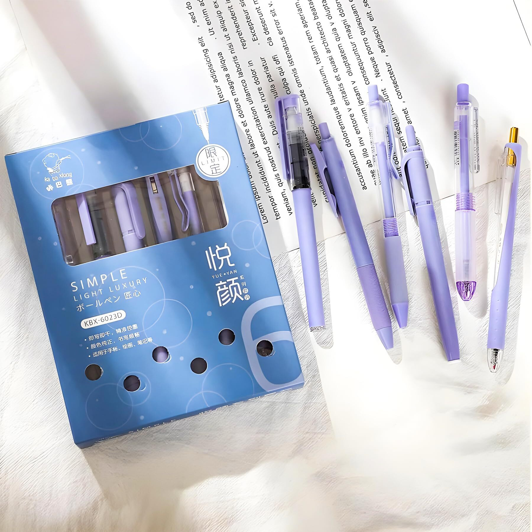 WISHKEY Stylish Retractable Pens for Kids, 0.5mm Stationery Gel Pen Set for Girls & Boys, Smooth Writing, Quick Dry Ink Pens with Highlighter, Elegant Blue Pen Body, Blue Ink, 8+Years (Set of 6)