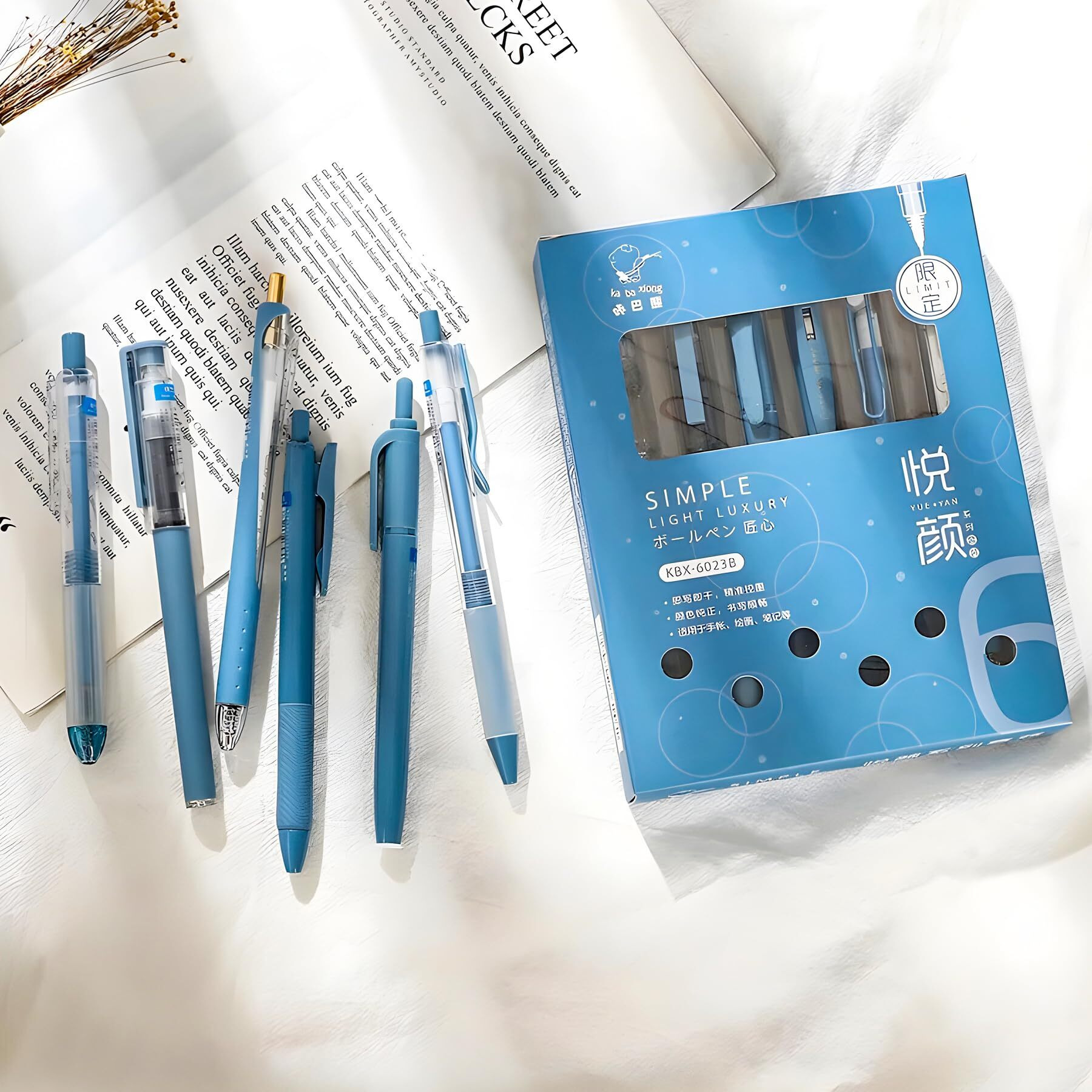 WISHKEY Stylish Retractable Pens for Kids, 0.5mm Stationery Gel Pen Set for Girls & Boys, Smooth Writing, Quick Dry Ink Pens with Highlighter, Elegant Blue Pen Body, Blue Ink, 8+Years (Set of 6)