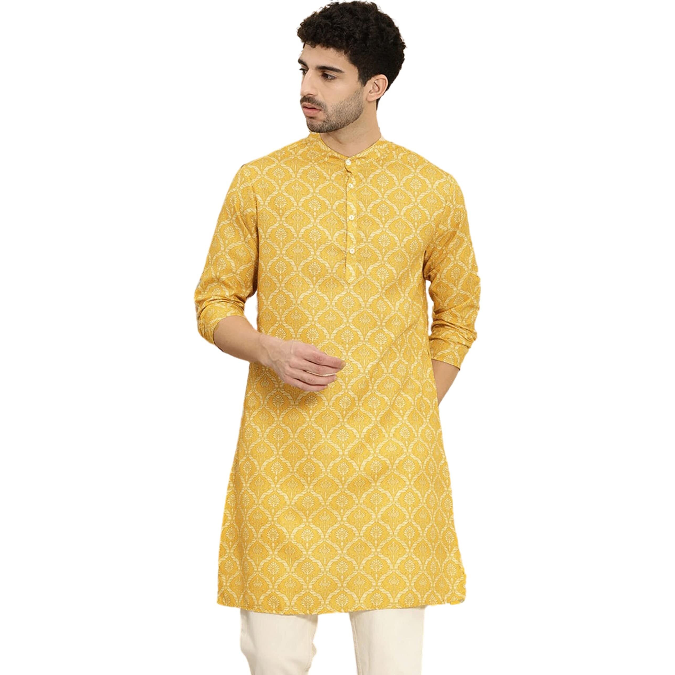 rytras Men's Cotton Printed Straight Kurta(RYTSHIRT06_Mustard_X-Large)