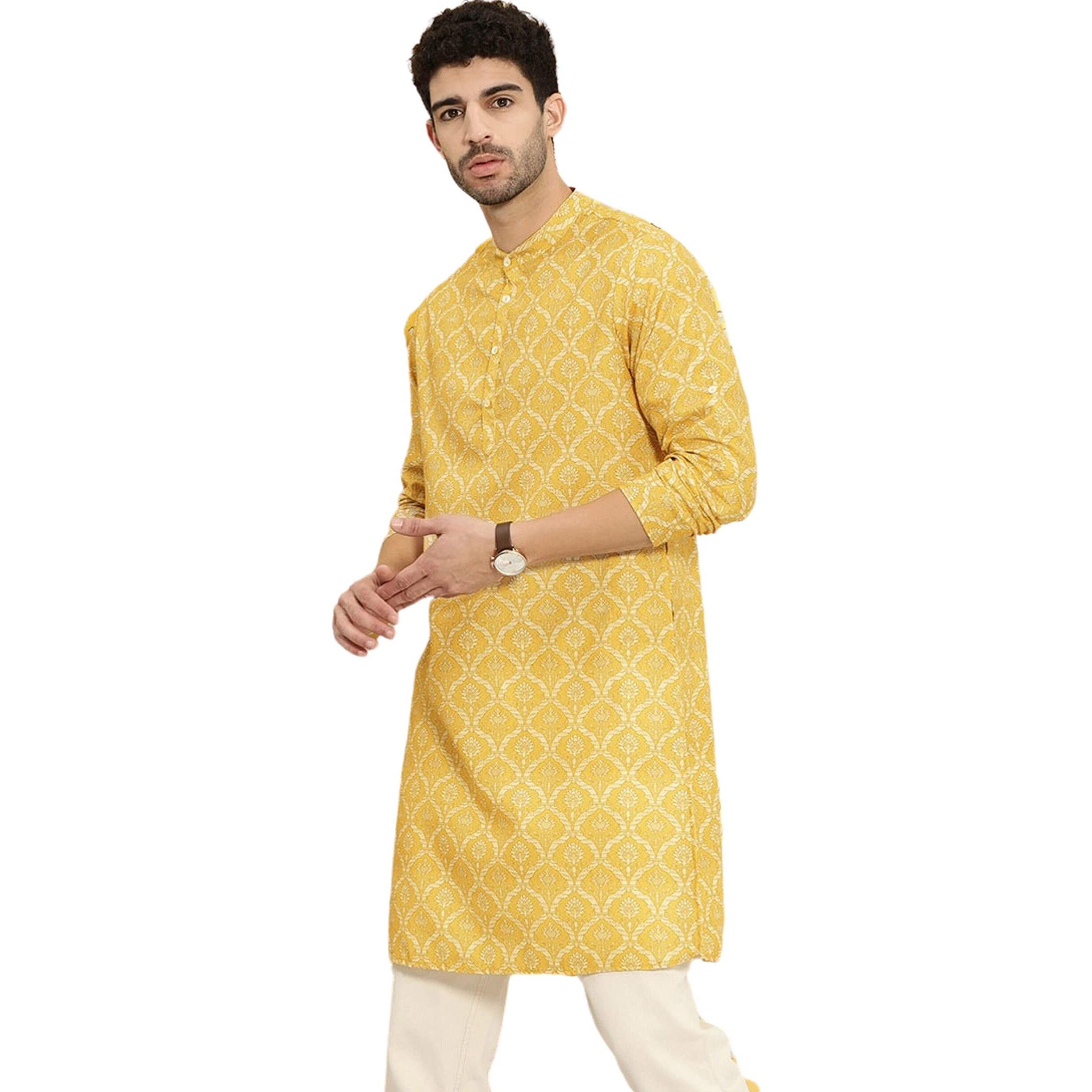rytras Men's Cotton Printed Straight Kurta(RYTSHIRT06_Mustard_X-Large)