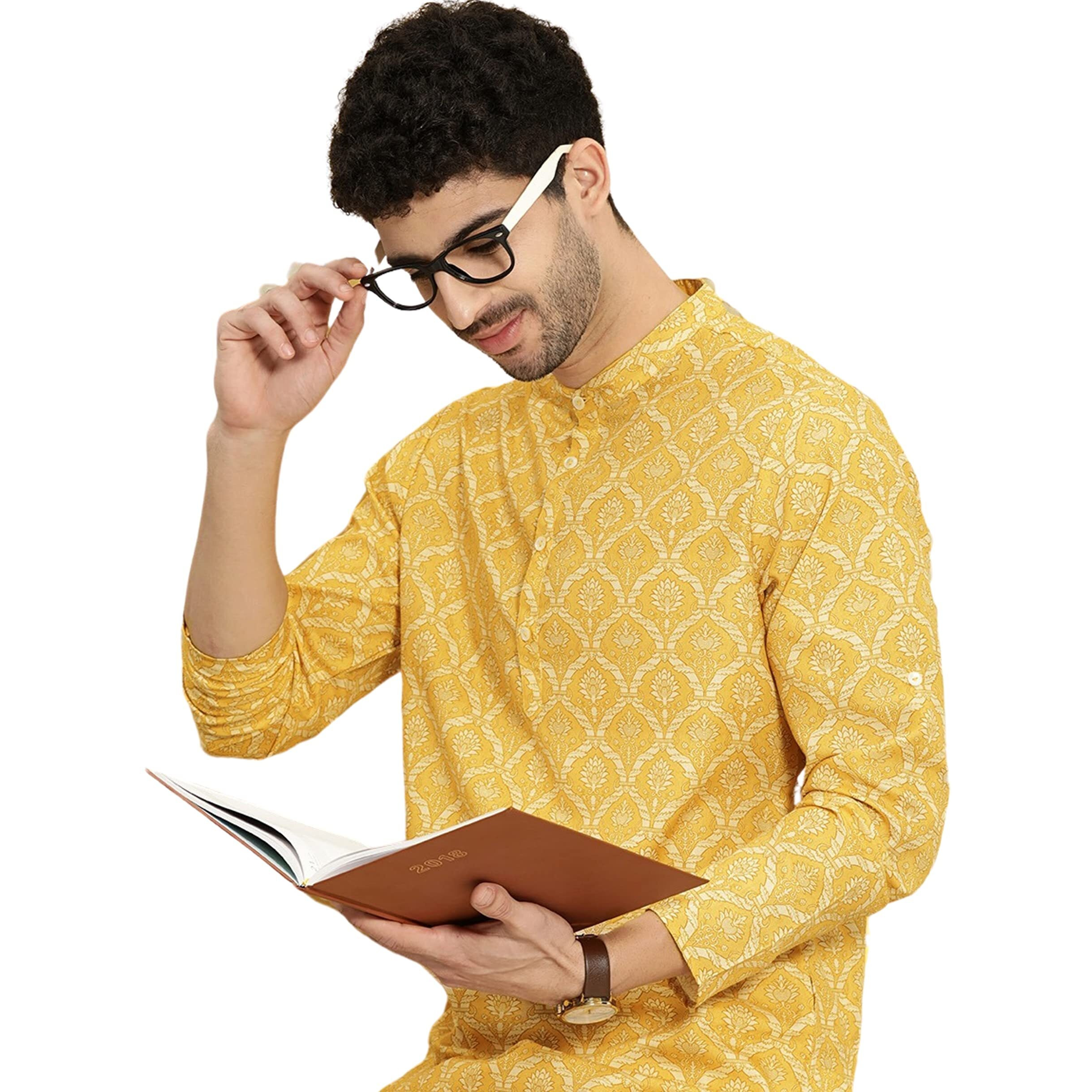 rytras Men's Cotton Printed Straight Kurta(RYTSHIRT06_Mustard_X-Large)
