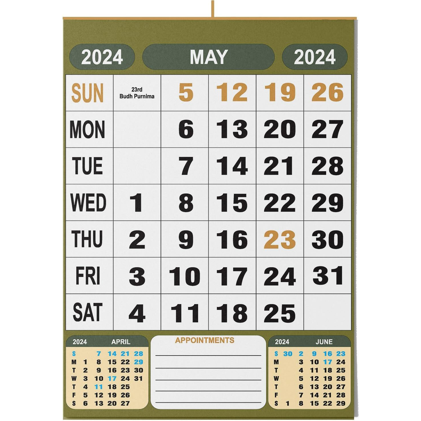 AccuPrints 12 Pages 2025, 14 by 20 inch Offices Wall Calendar Large Dates with Space for Marks/Notes-Green Color