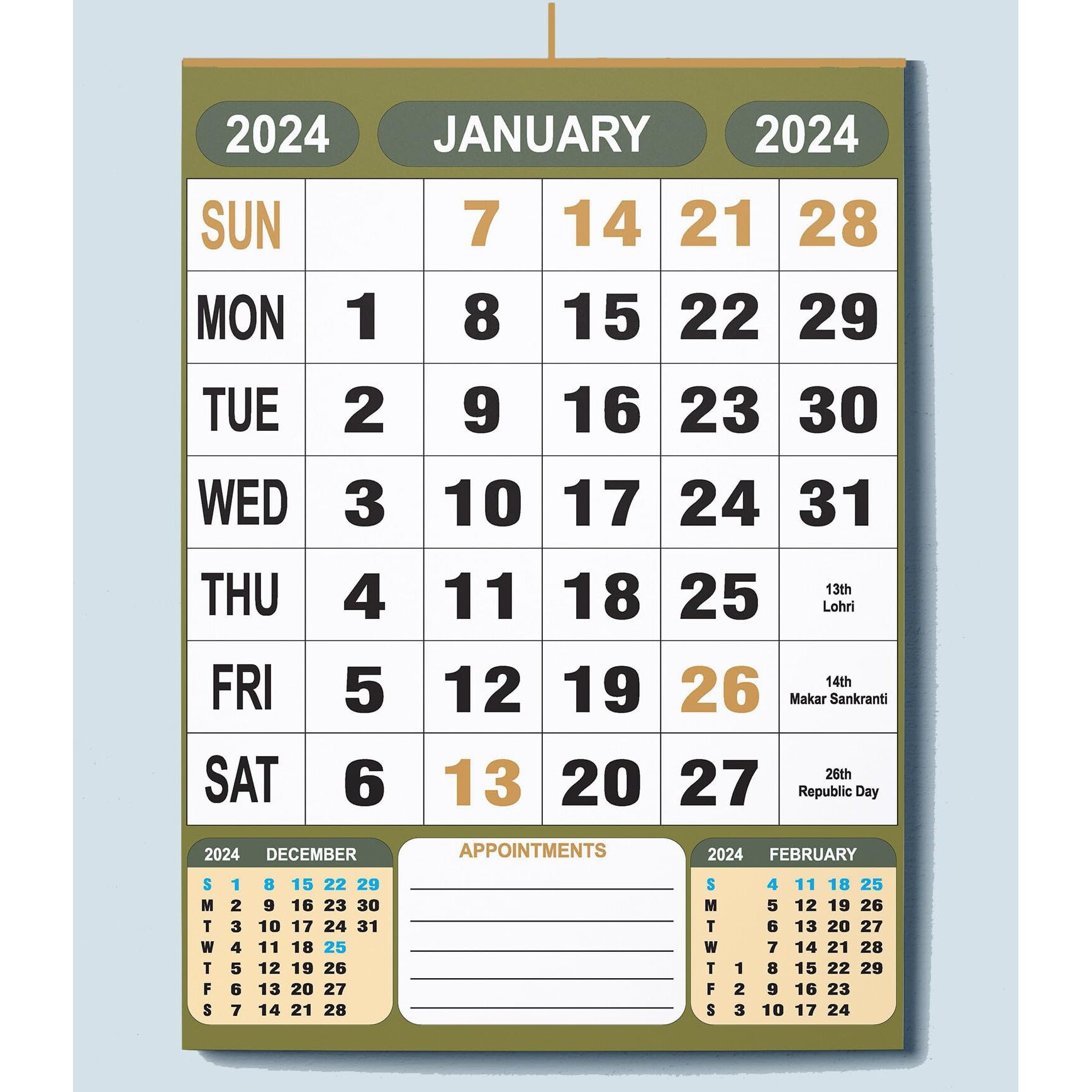 AccuPrints 12 Pages 2025, 14 by 20 inch Offices Wall Calendar Large Dates with Space for Marks/Notes-Green Color