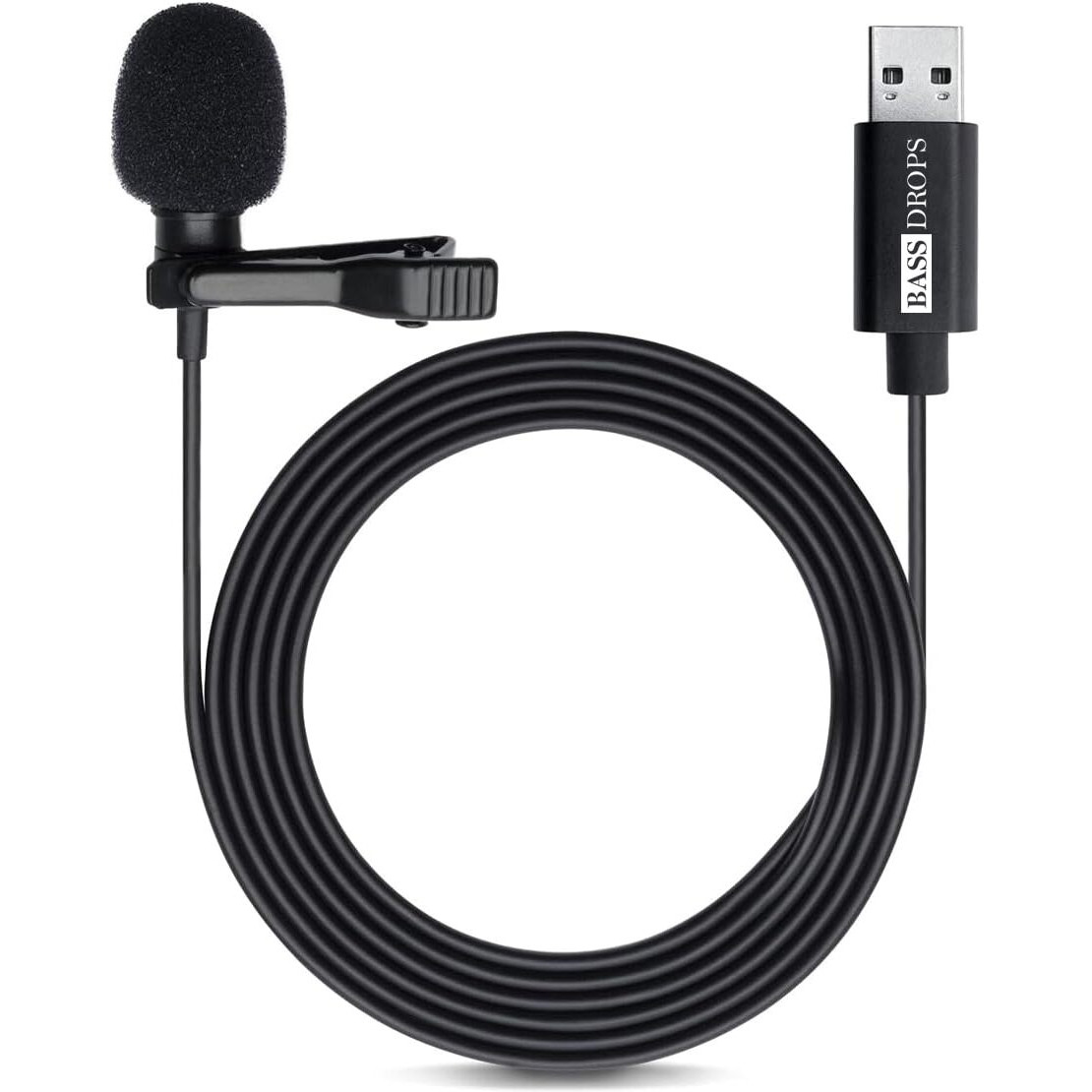 BassDrops M1 USB Lavalier Lapel Clip-on Omnidirectional Computer Microphone for Laptop, PC and Mac, Perfect Podcasting, Gaming, Streaming and Desktop Mic (1.5 Meters)