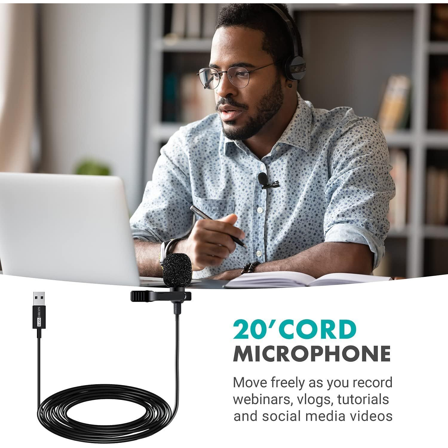 BassDrops M1 USB Lavalier Lapel Clip-on Omnidirectional Computer Microphone for Laptop, PC and Mac, Perfect Podcasting, Gaming, Streaming and Desktop Mic (1.5 Meters)