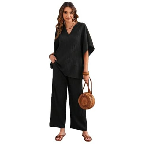 TADKEE Women's Solid Color V-Neck Kaftan Sleeve Co-ord Set for Women | Casual Wear Co ord Set | Kurta Set for Women (FN-Sugar-Cord-121-Black-XL)