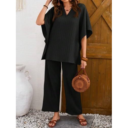 TADKEE Women's Solid Color V-Neck Kaftan Sleeve Co-ord Set for Women | Casual Wear Co ord Set | Kurta Set for Women (FN-Sugar-Cord-121-Black-XL)
