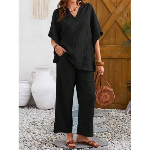 TADKEE Women's Solid Color V-Neck Kaftan Sleeve Co-ord Set for Women | Casual Wear Co ord Set | Kurta Set for Women (FN-Sugar-Cord-121-Black-XL)