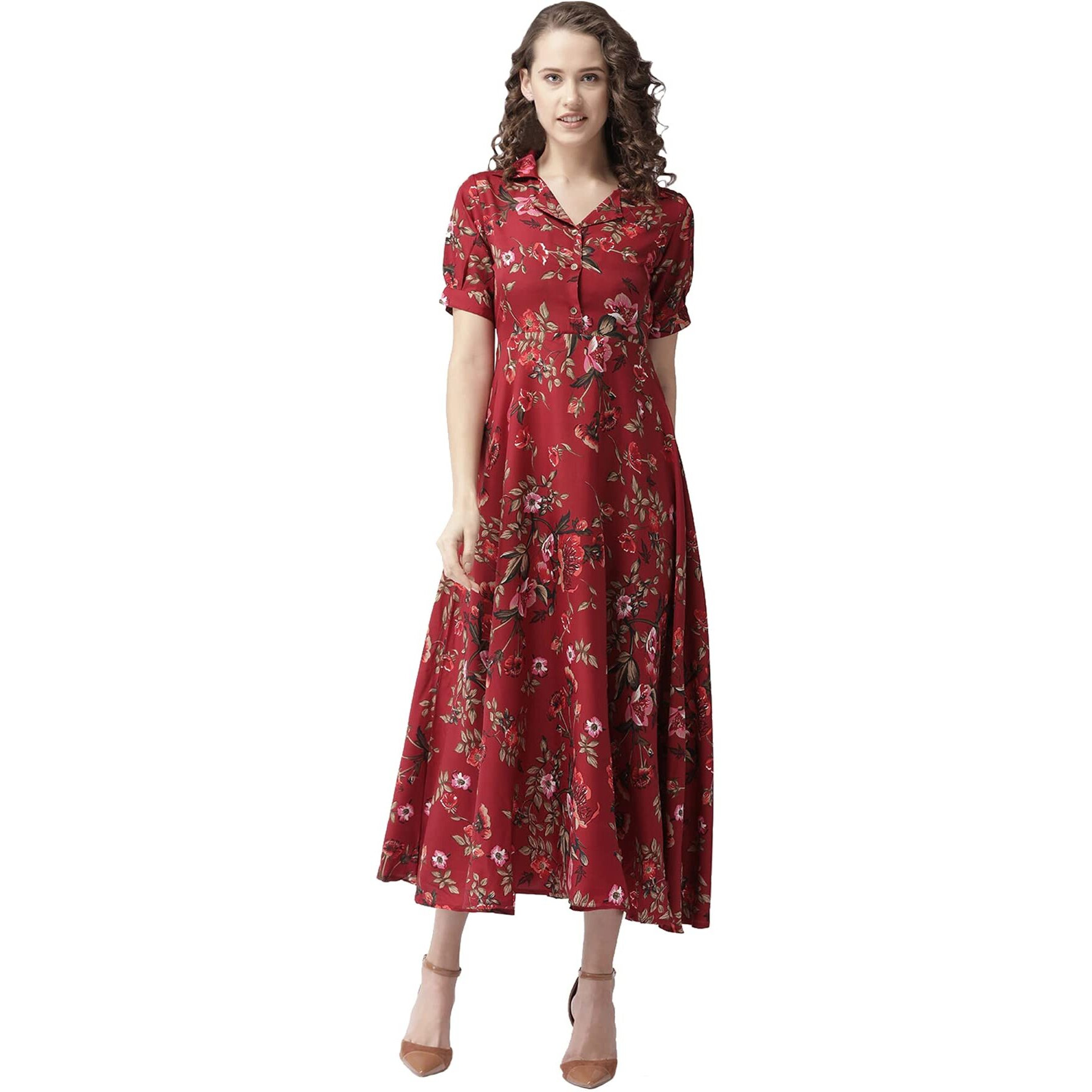 Bollyclues Women's Crepe Fit and Flare Dress (Maroon, XL)