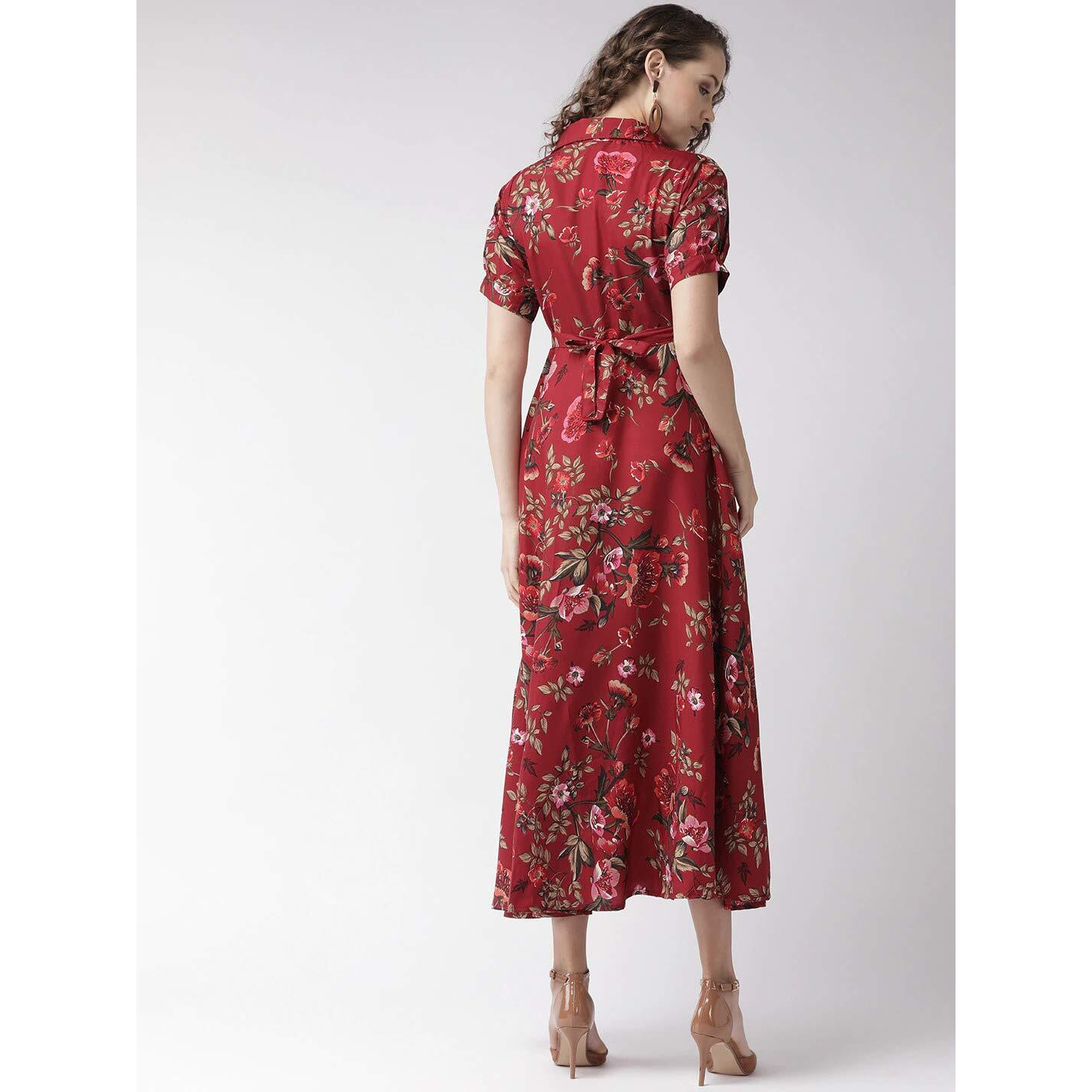 Bollyclues Women's Crepe Fit and Flare Dress (Maroon, XL)