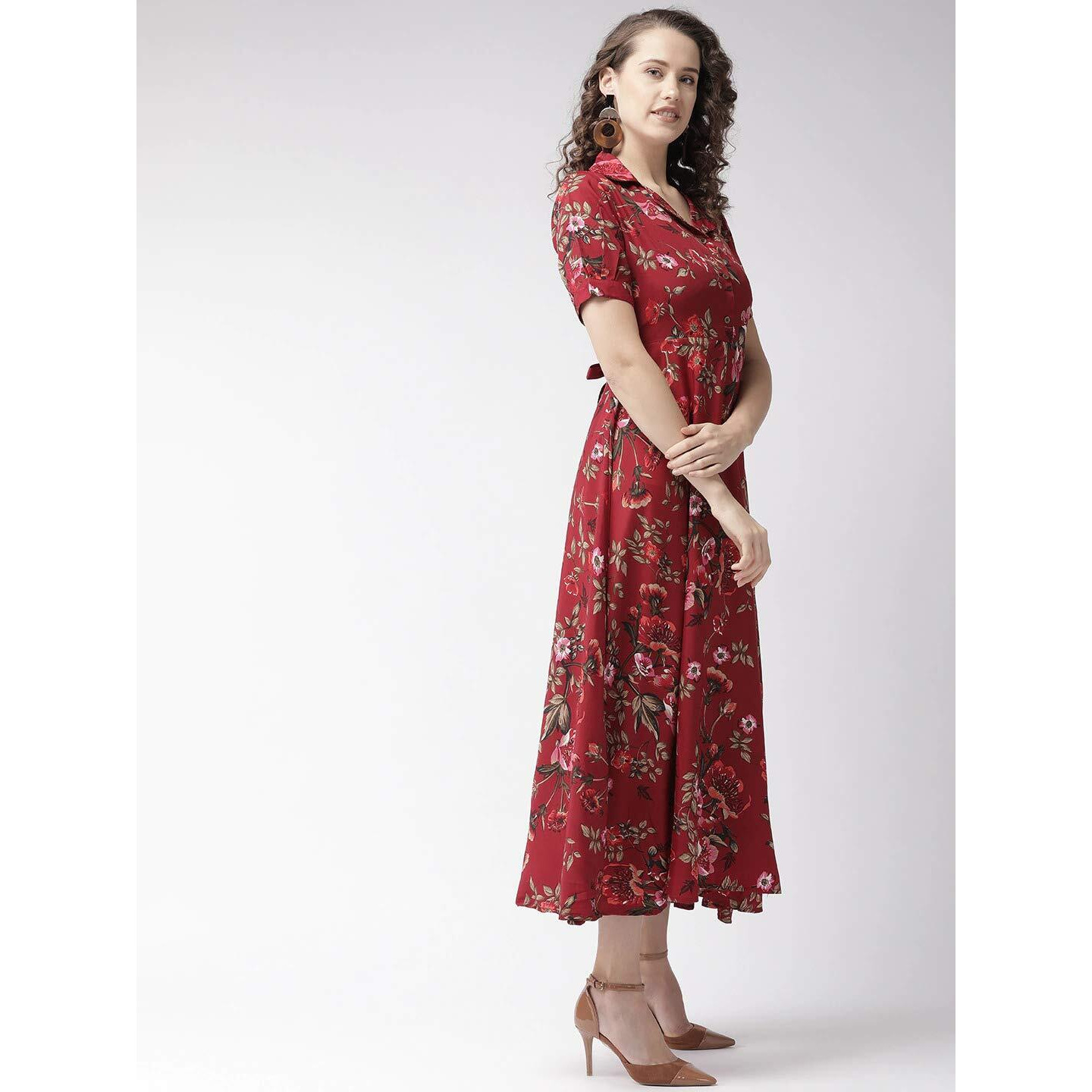Bollyclues Women's Crepe Fit and Flare Dress (Maroon, XL)