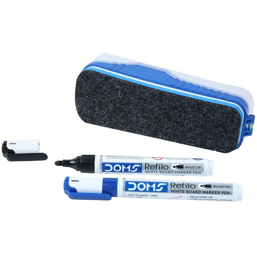 DOMS Fine Magnetic Whiteboard Duster Marker Set | Easy to Wipe | Refillable White Board Marker with Good Grip | Set of 2 Markers & 1 Duster | Blue & Black Ink, Pack of 1