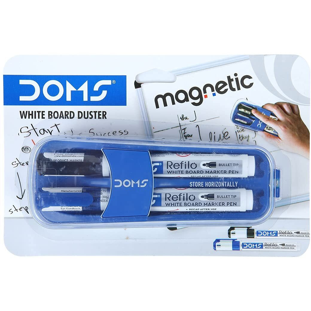 DOMS Fine Magnetic Whiteboard Duster Marker Set | Easy to Wipe | Refillable White Board Marker with Good Grip | Set of 2 Markers & 1 Duster | Blue & Black Ink, Pack of 1