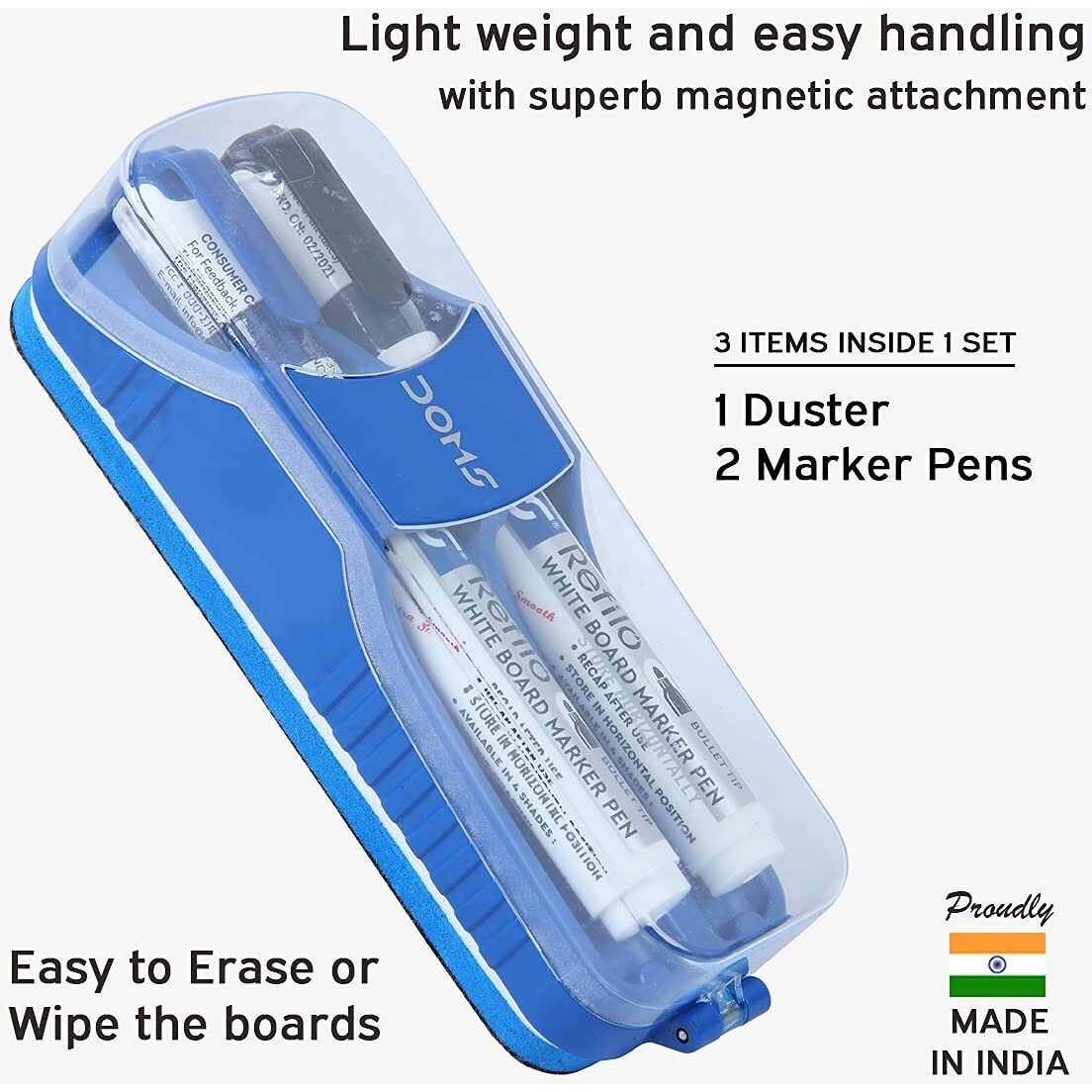 DOMS Fine Magnetic Whiteboard Duster Marker Set | Easy to Wipe | Refillable White Board Marker with Good Grip | Set of 2 Markers & 1 Duster | Blue & Black Ink, Pack of 1