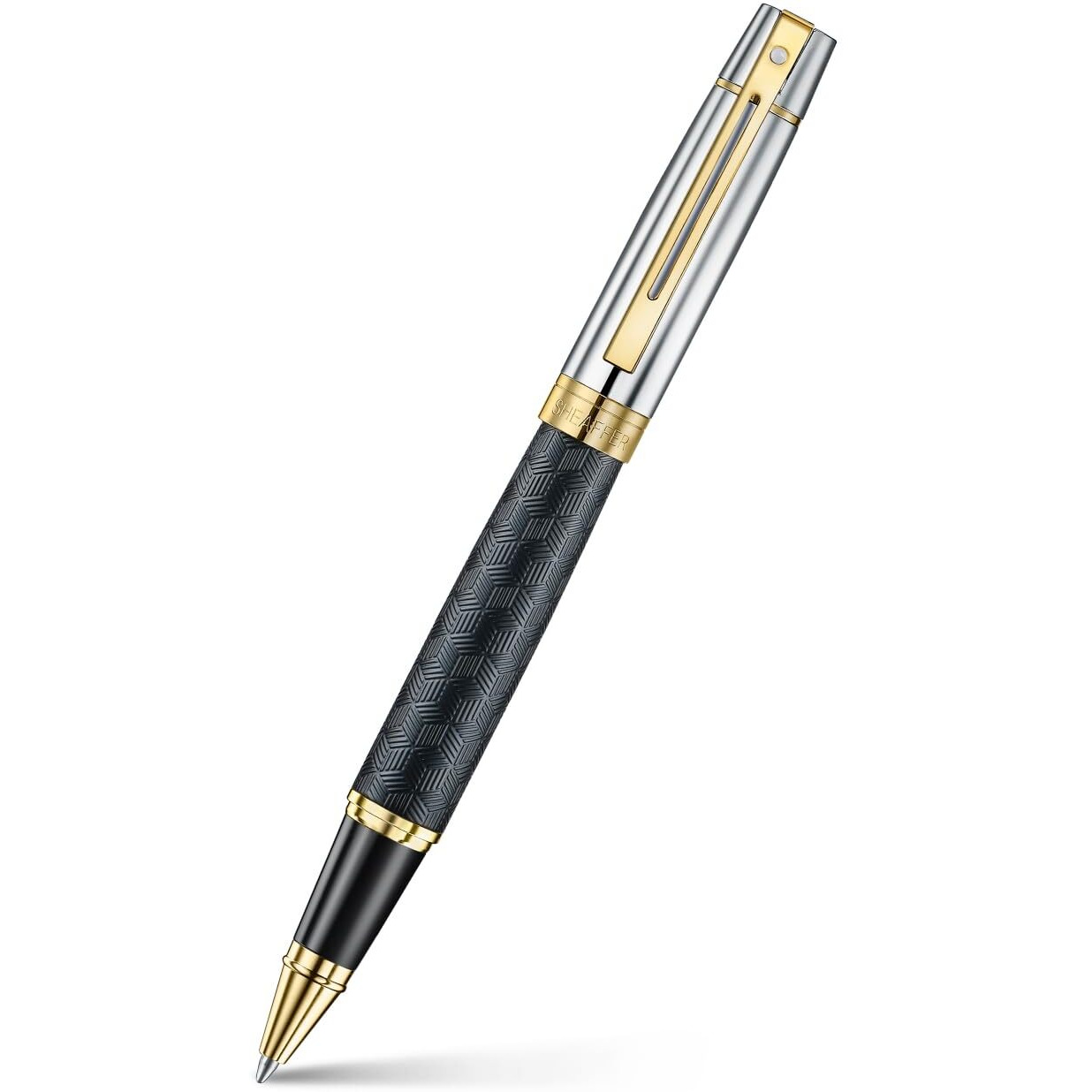 Sheaffer 300 Rollerball Pen| E9347 Engraved Matt Black Barrel and Shiny Chrome Cap with PVD Gold Trims | Premium Rollerball Pen