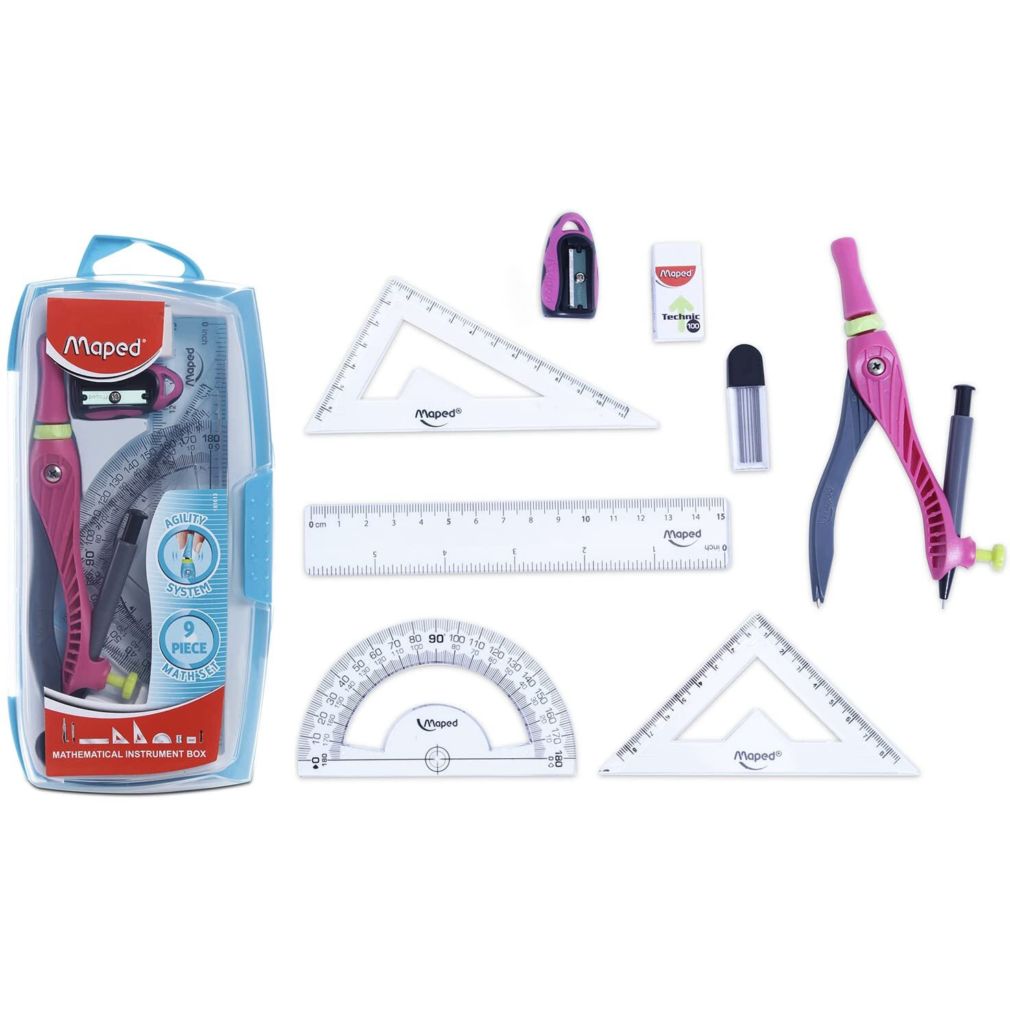 Maped Agility Geometry Box | Innovative 9pc Geometry Set | Agility 9pc Math Set