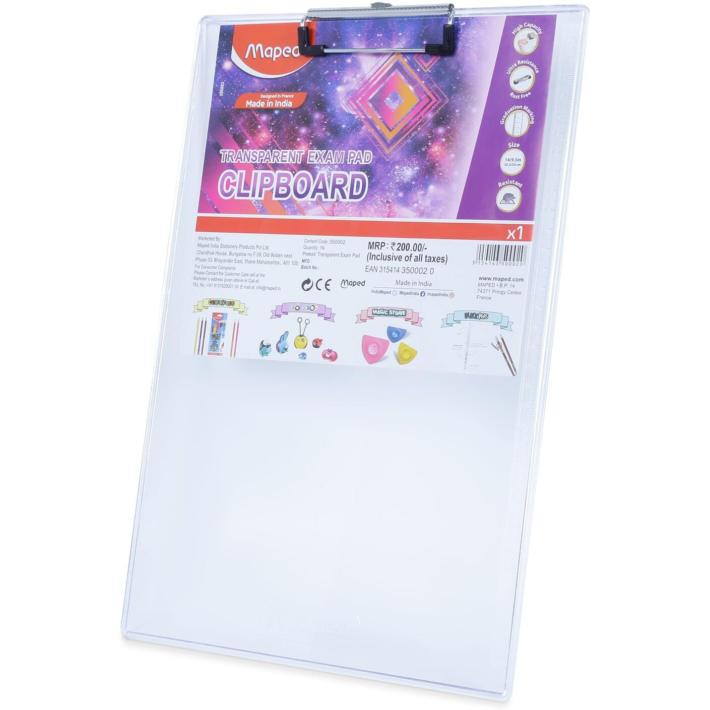 MAPED Transparent CLIPBOARD | Crystal Clear Exam Board | Exam Pad | Writing Pad | Clip Board