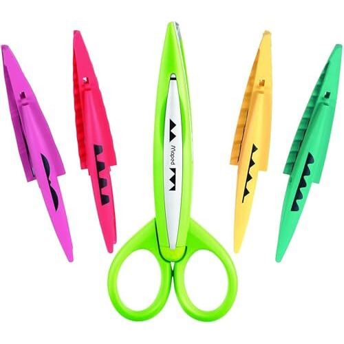 Maped Craft Scissor for Kids |1 Scissor with 5 Interchangable Blades & Handy Plastic Case| Childrens Safety Craft Scissors| Paper Cutting 13cm Scissor|Perfect for Toodlers| Comfortable Grip|Multicolor