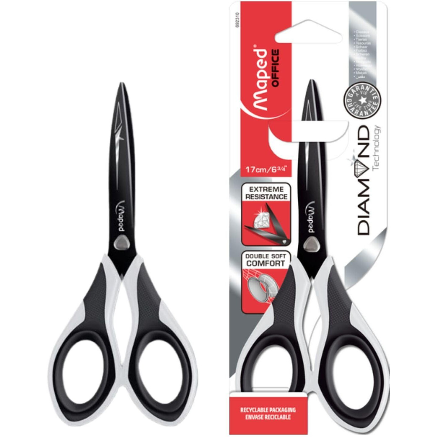 Maped Diamond 17 cm Scissor|Precision Cutting|Double Soft Ambidextrous Handle|Heavy Duty Rust-Resistant Blades|Features Durability & Long-Lasting Sharpness|Soft Grip for Extended Use|Black & White