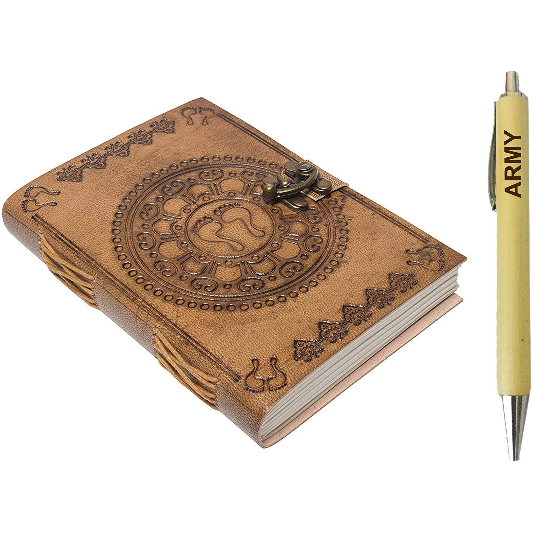 RJKART Handcrafted A5 Leather Cover Embossed C-Lock Writing Diary with Pen Notebook Journal Planner Unruled Smoooth White Paper Sheets 200 Pages Notepad Sketchbook Personal Diaries - 5x7 Inch