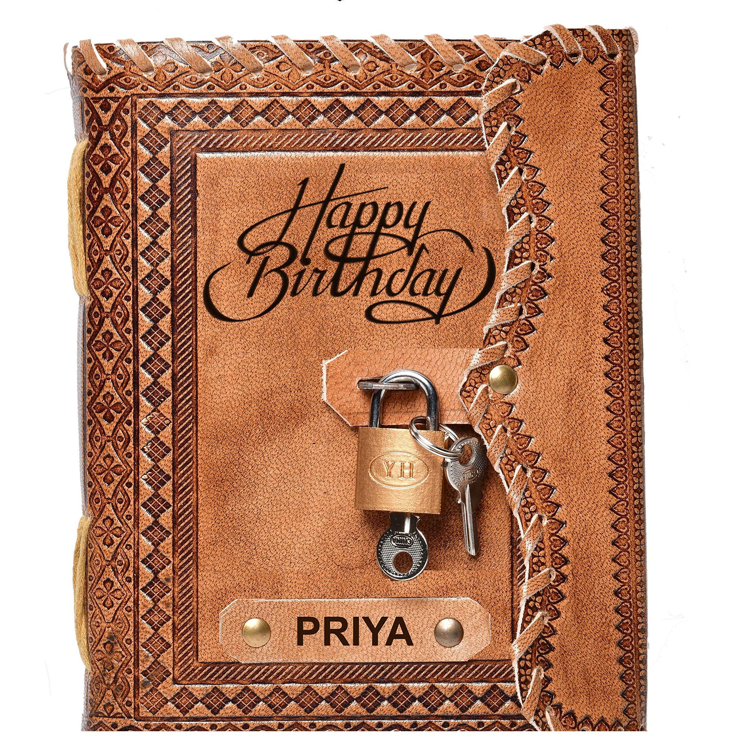 RJKART Handcrafted Leather Cover Happy Birthday Priya Embossed Writing Diary Notebook Doodle Journal Planner Unruled Smoooth White Paper Sheets 200 Pages Notepad Sketchbook Personal Diaries for Men and Women - Brown, Standard