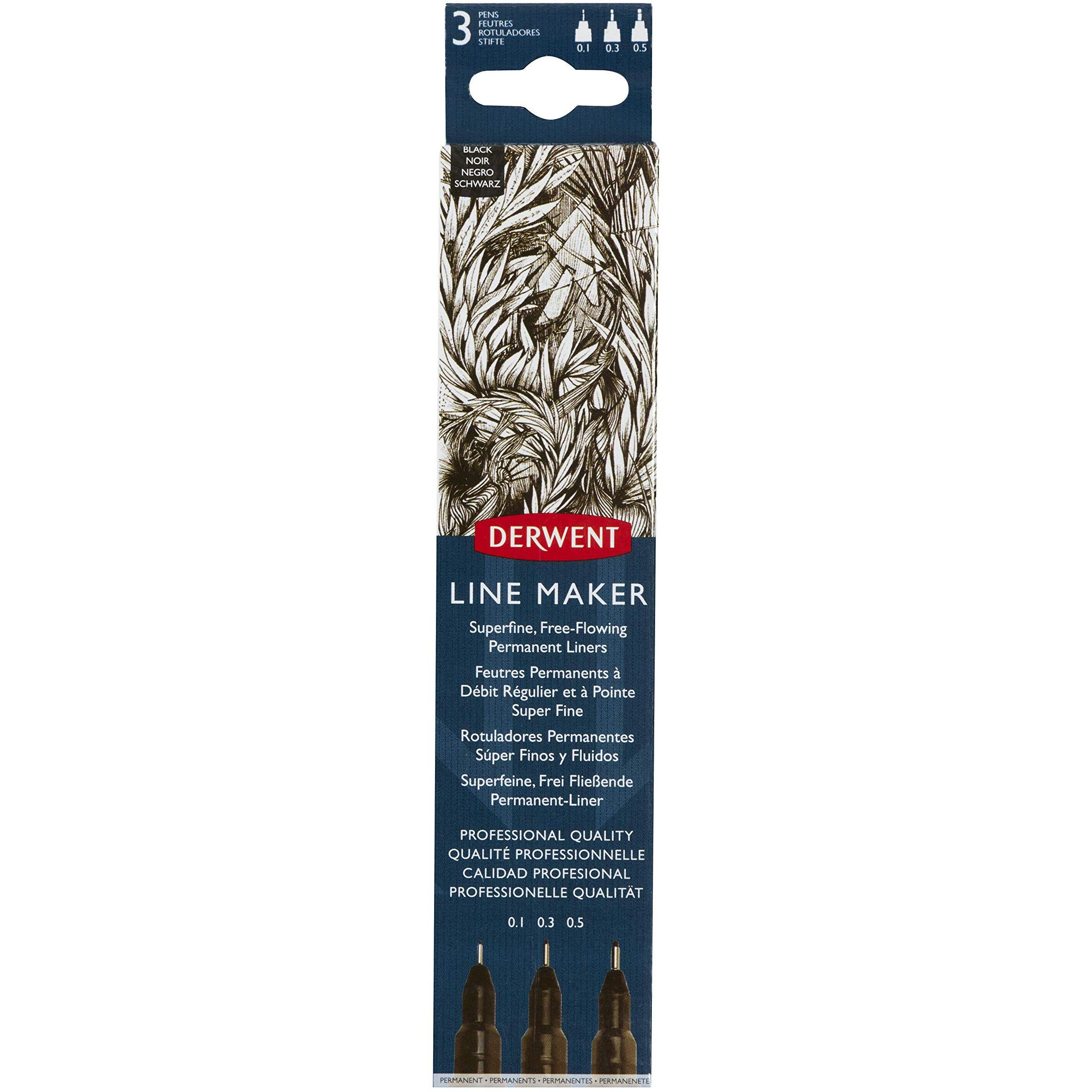 Derwent Line Maker Drawing Pens Superfine Free-Flowing Permanent Liners, Black (Set of 3)