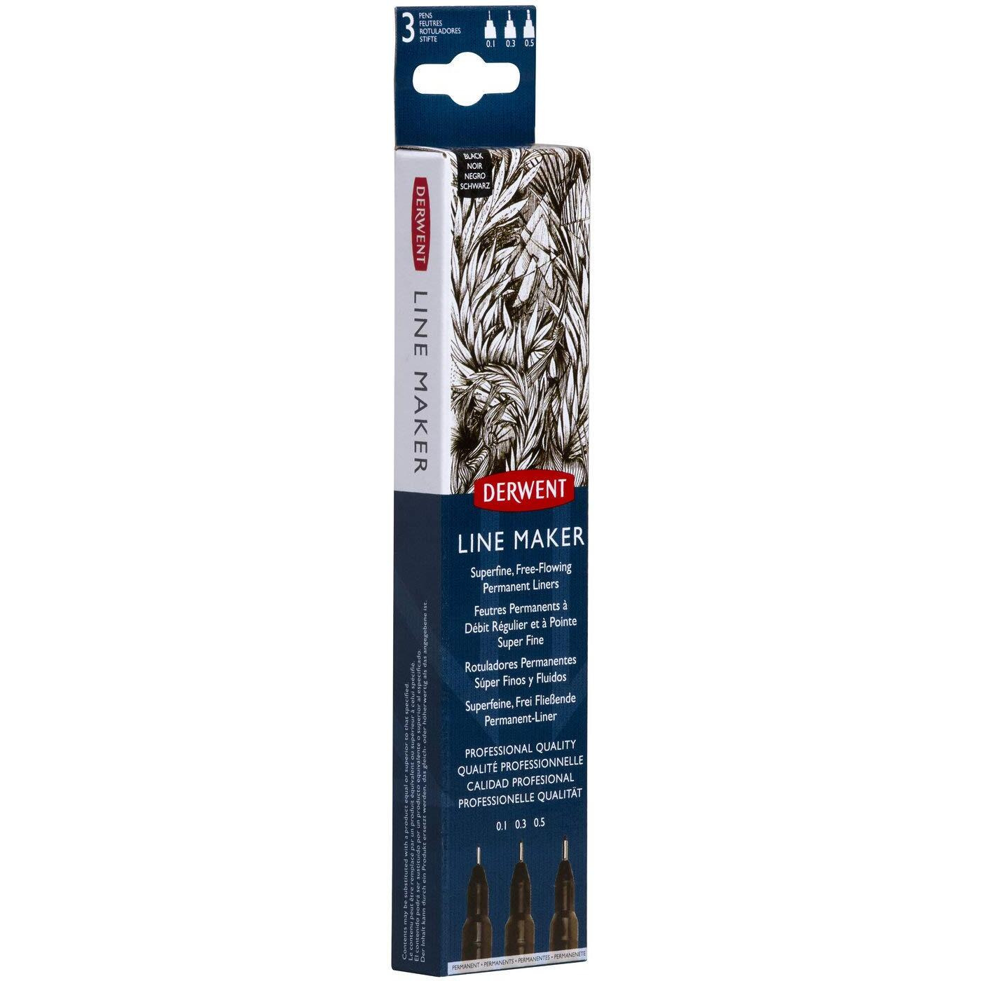 Derwent Line Maker Drawing Pens Superfine Free-Flowing Permanent Liners, Black (Set of 3)