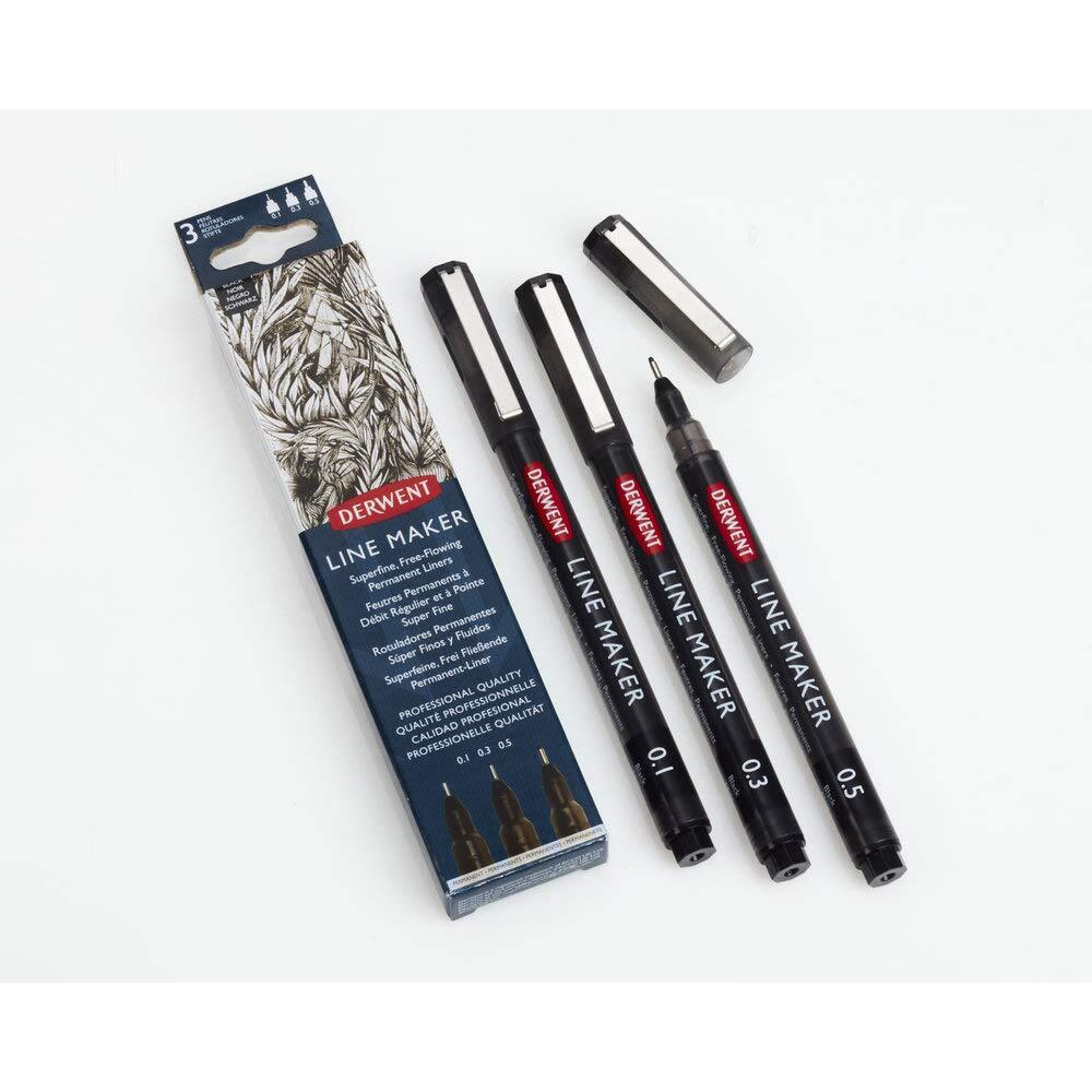 Derwent Line Maker Drawing Pens Superfine Free-Flowing Permanent Liners, Black (Set of 3)