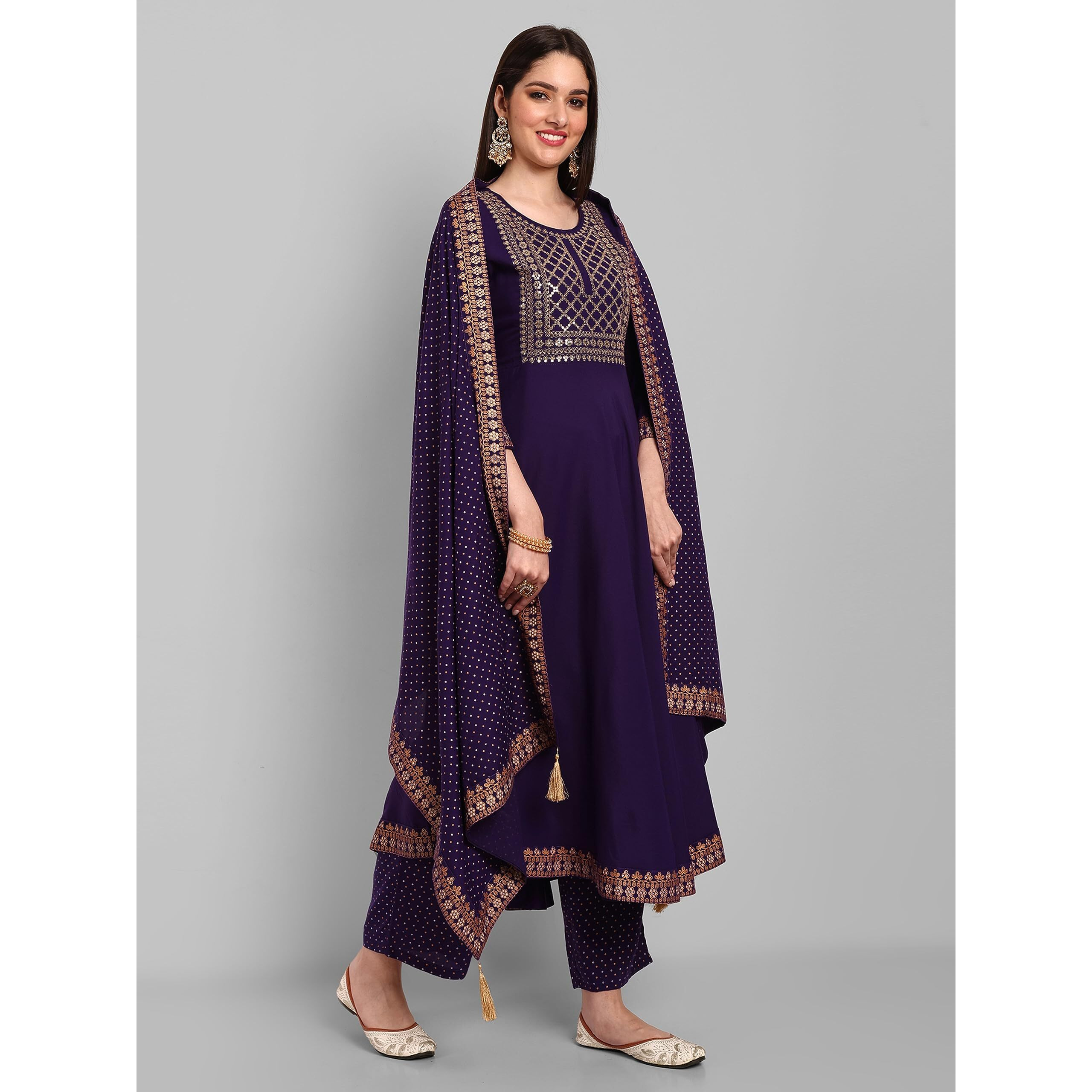 Naixa Women's Violate Rayon Embroidered Flared Kurta with Pant and Printed Dupatta Set