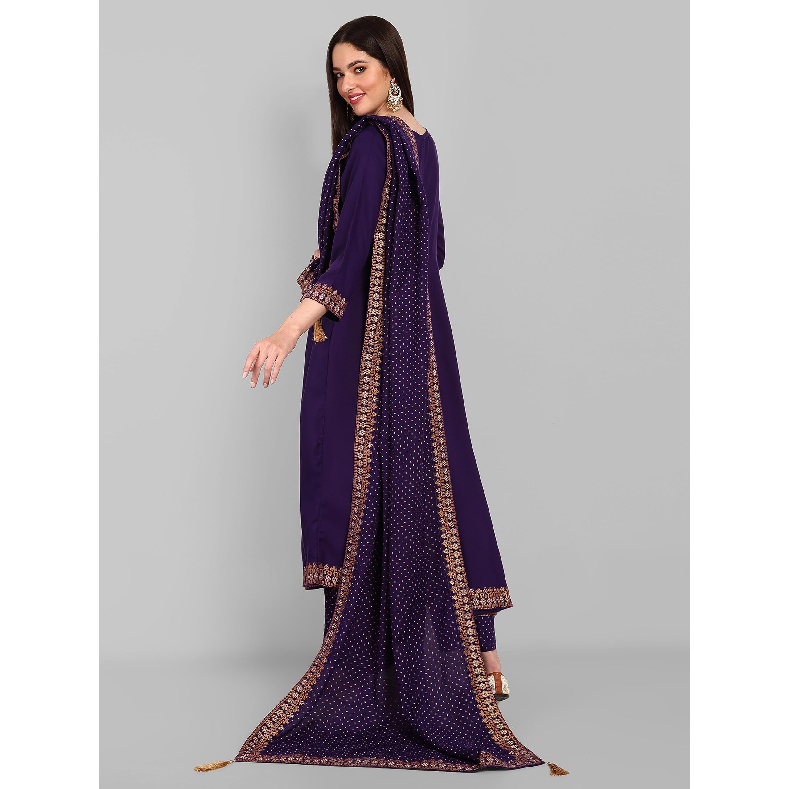 Naixa Women's Violate Rayon Embroidered Flared Kurta with Pant and Printed Dupatta Set