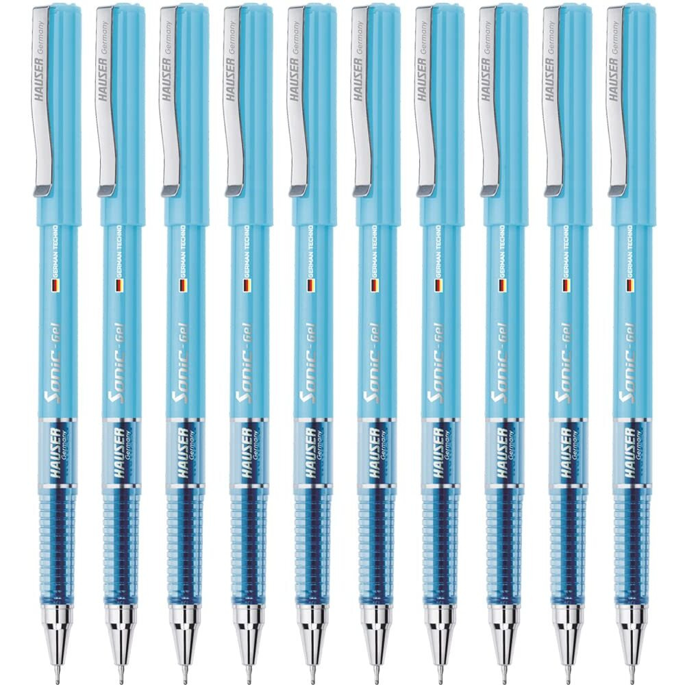Hauser Sonic 0.55mm Gel Pen Box Pack | Attractive Foiled Body | Stylish Metal Clip | Refillable & Waterproof Gel Ink | German Technology For Smooth & Effortless Writing | Blue Ink, Set of 10 Gel Pens