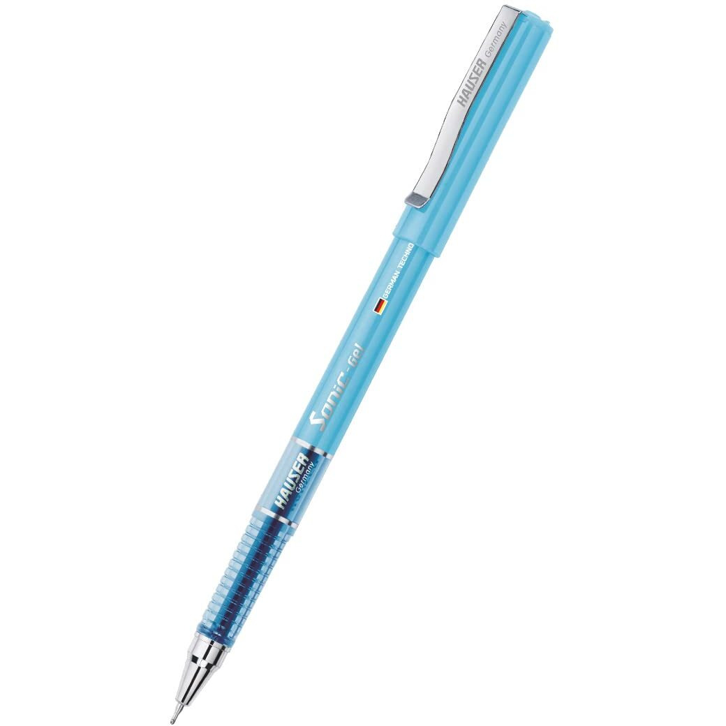 Hauser Sonic 0.55mm Gel Pen Box Pack | Attractive Foiled Body | Stylish Metal Clip | Refillable & Waterproof Gel Ink | German Technology For Smooth & Effortless Writing | Blue Ink, Set of 10 Gel Pens