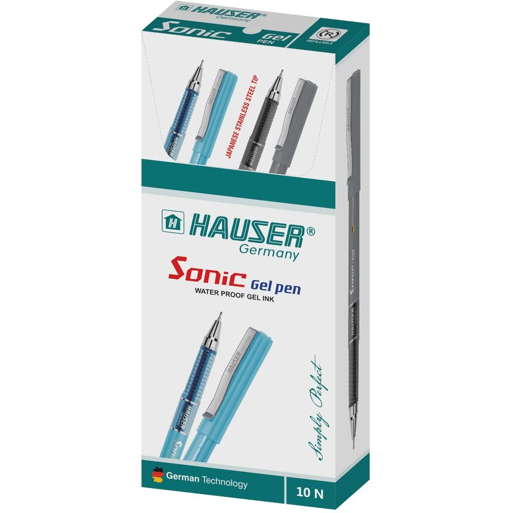 Hauser Sonic 0.55mm Gel Pen Box Pack | Attractive Foiled Body | Stylish Metal Clip | Refillable & Waterproof Gel Ink | German Technology For Smooth & Effortless Writing | Blue Ink, Set of 10 Gel Pens