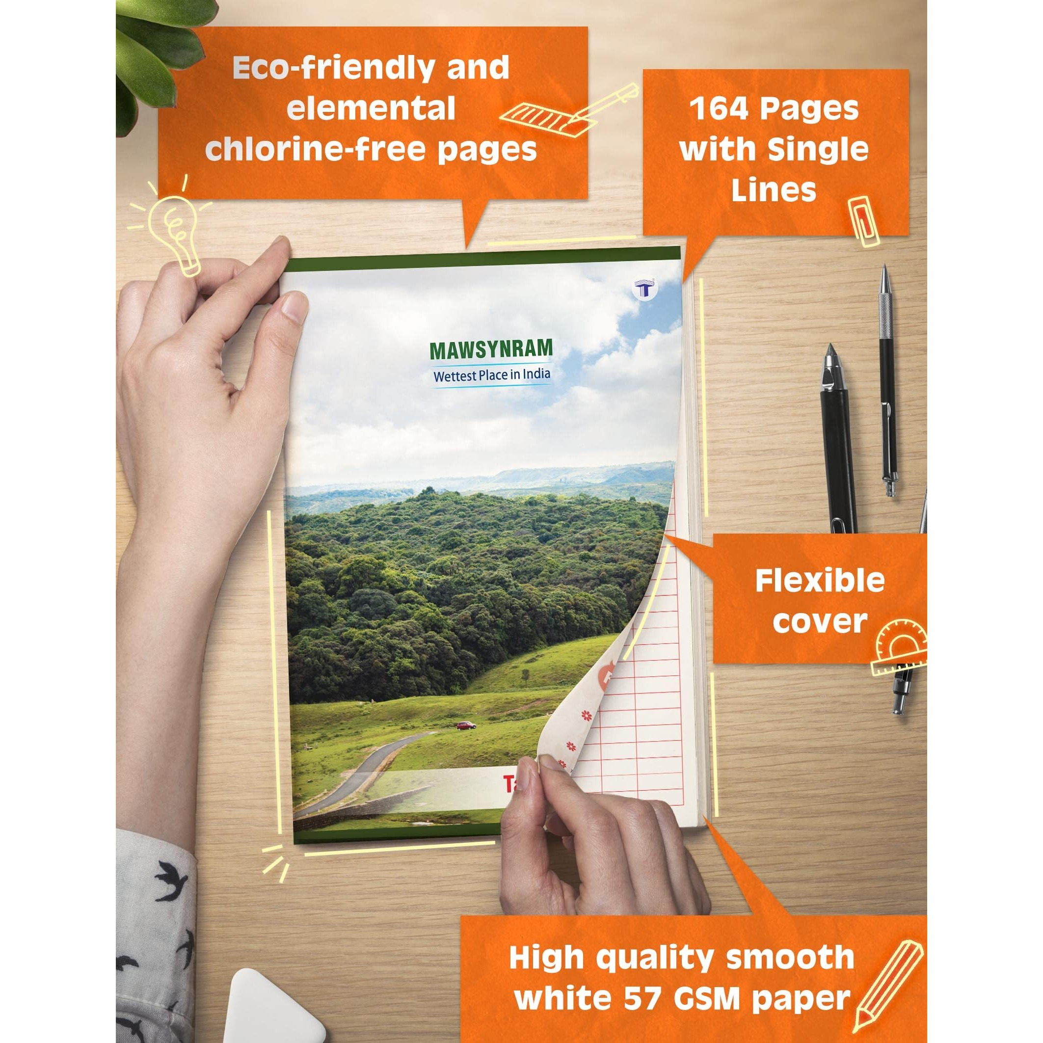 A4 Size Long Notebooks for Students | Single Line Ruled 164 Pages in Each | Soft Cover, 21 cm x 29.7 cm Approx | GSM 57 | Useful for School, College & Office | Set of 6 | Mawsynram