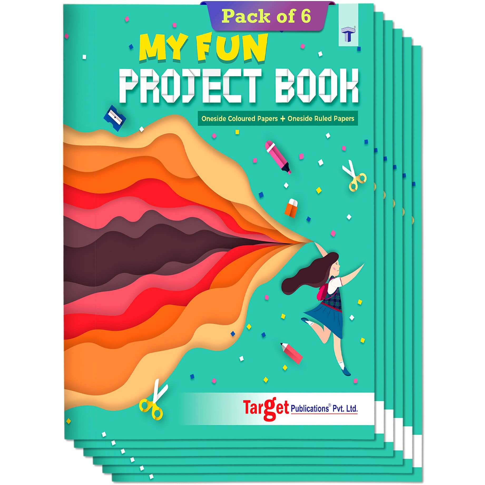 Project Books for Kids | Project Papers for School, College & Home | 32 Pages A4 Size | 1 Side Ruled & 1 Side Colored Plain Page | Single Line Project Sheets with Colorful Pages | Set of 6 Books