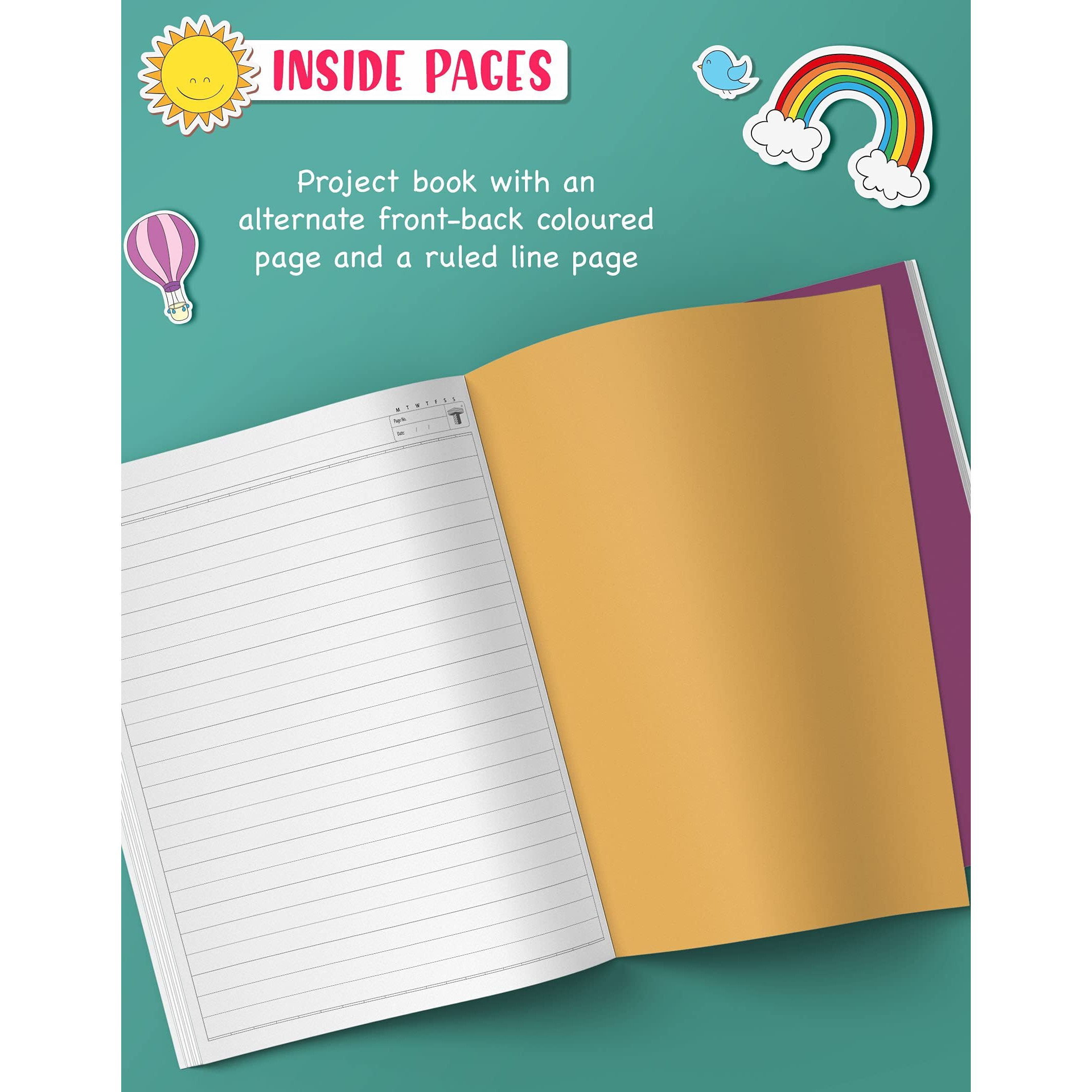 Project Books for Kids | Project Papers for School, College & Home | 32 Pages A4 Size | 1 Side Ruled & 1 Side Colored Plain Page | Single Line Project Sheets with Colorful Pages | Set of 6 Books