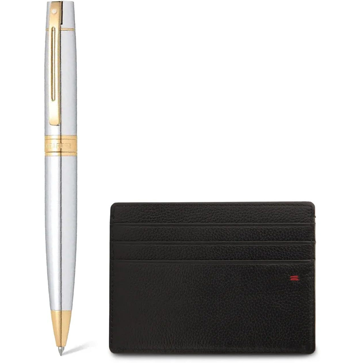 Sheaffer Gift Set 300 Ballpoint Pen with Credit Card Holder Bright Chrome with Gold Trims | Pen Set for Gift