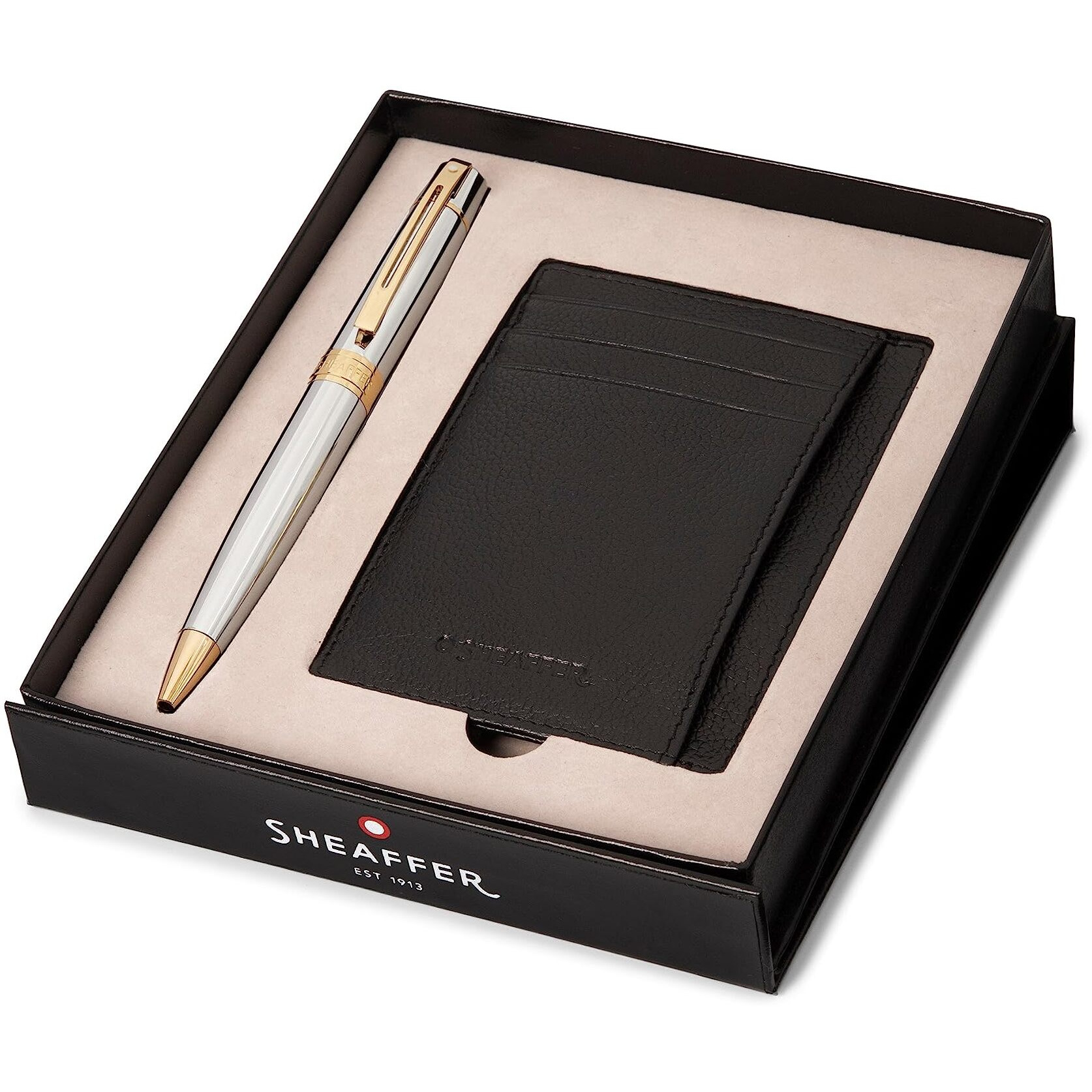 Sheaffer Gift Set 300 Ballpoint Pen with Credit Card Holder Bright Chrome with Gold Trims | Pen Set for Gift