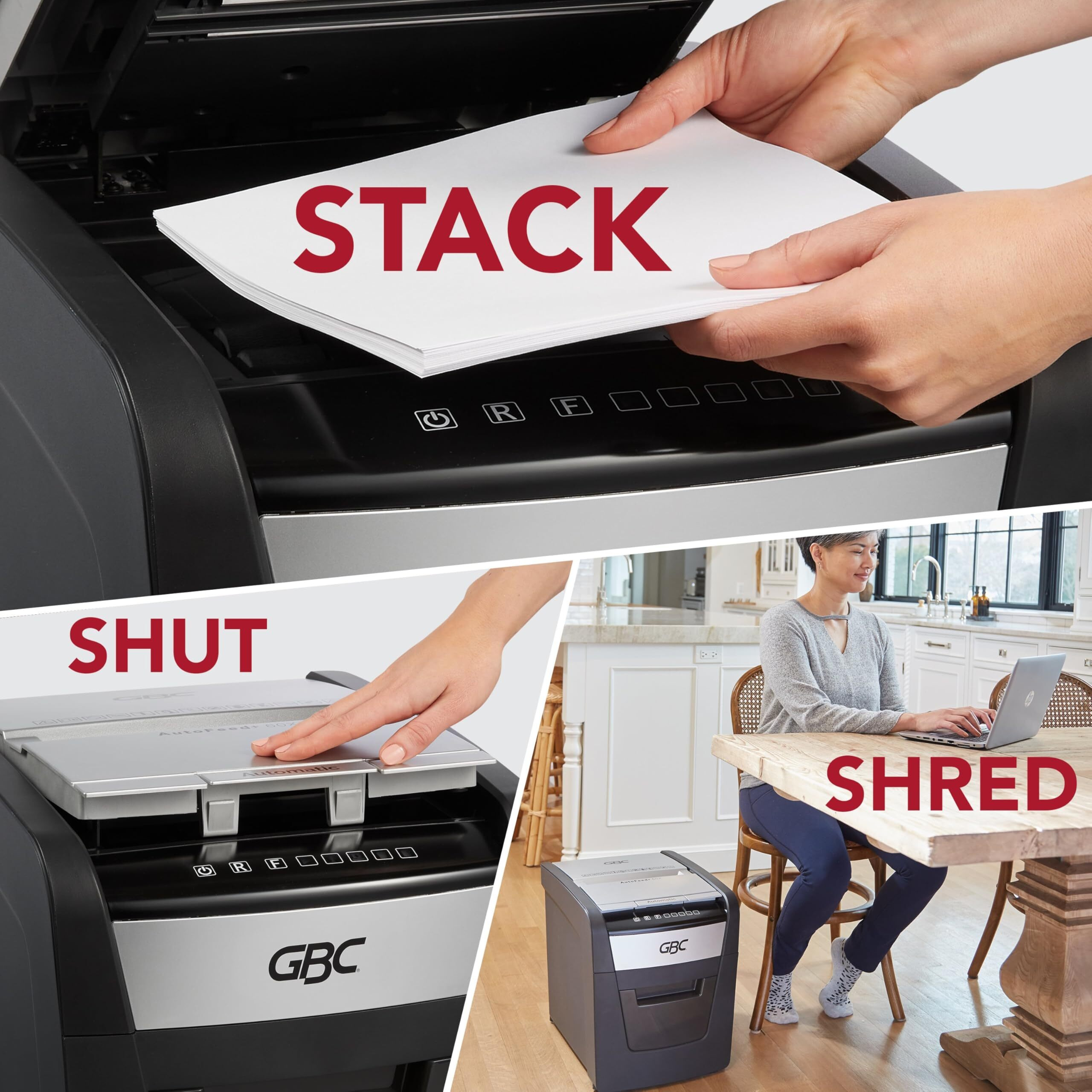 GBC ShredMaster AUTO+ 50X Auto Feed Paper/Credit Card Cross Cut Shredder with 50 Sheet Capacity and 20L Bin for shredding Sensitive documents 4 x 28mm Confetti Cut 2 Years Warranty