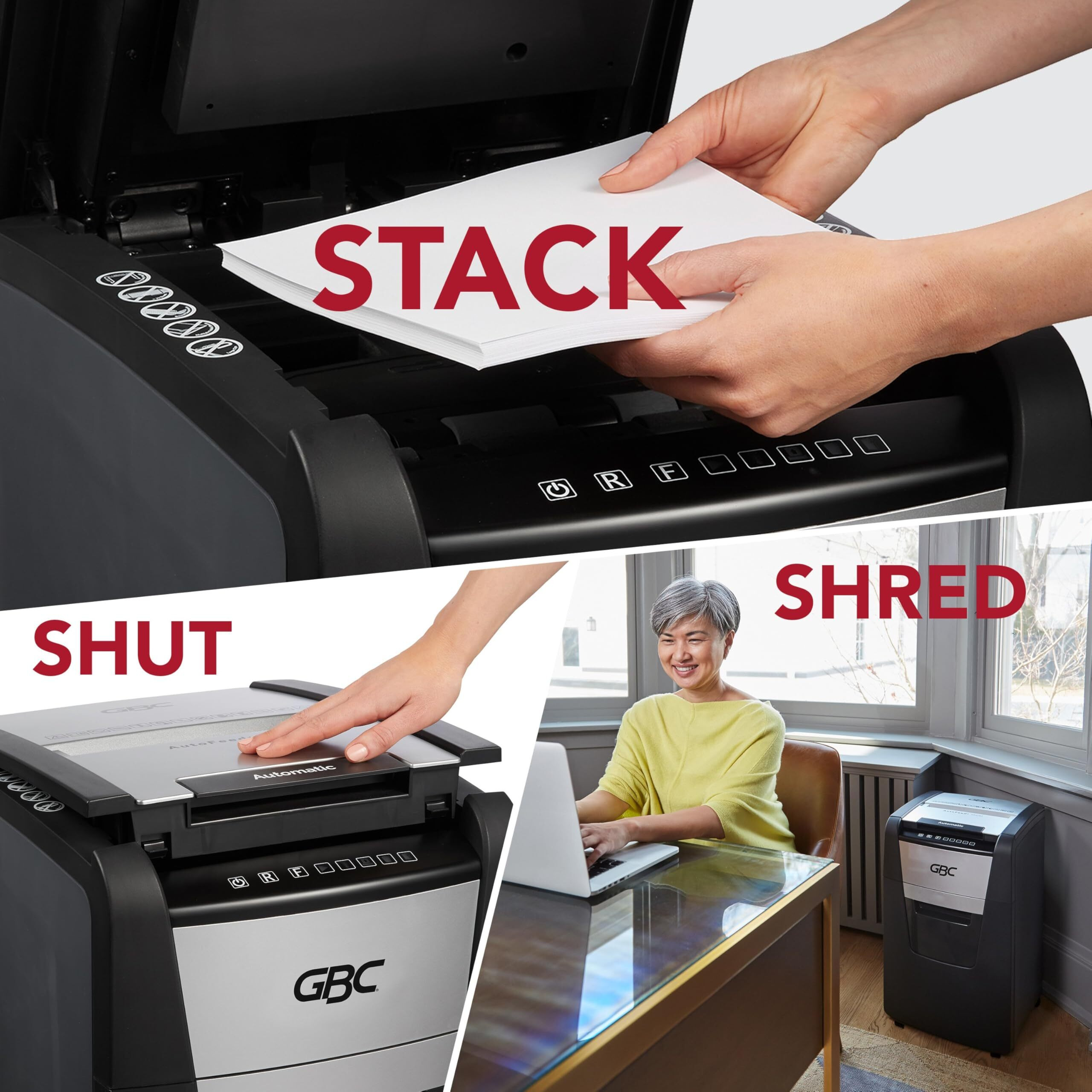 GBC ShredMaster AUTO+ 150M Auto Feed Paper/Credit Card Micro Cut Shredder with 150 Sheet Capacity and 44L Bin for shredding Sensitive documents 2 x 15 mm Micro Cut Strips 2 Years Warranty