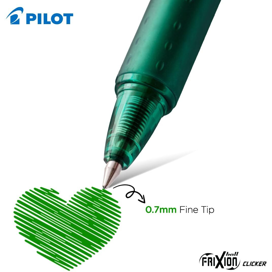 Pilot Frixion Clicker 0.7mm Fine Point Roller Ball Pen with Comfortable Dimpled Grip & Inbuild Eraser | Green Ink, 1 pcs