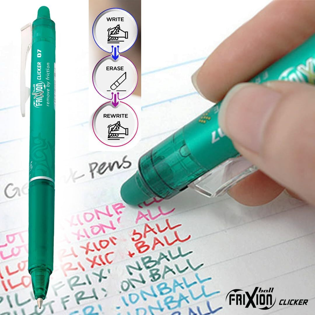 Pilot Frixion Clicker 0.7mm Fine Point Roller Ball Pen with Comfortable Dimpled Grip & Inbuild Eraser | Green Ink, 1 pcs