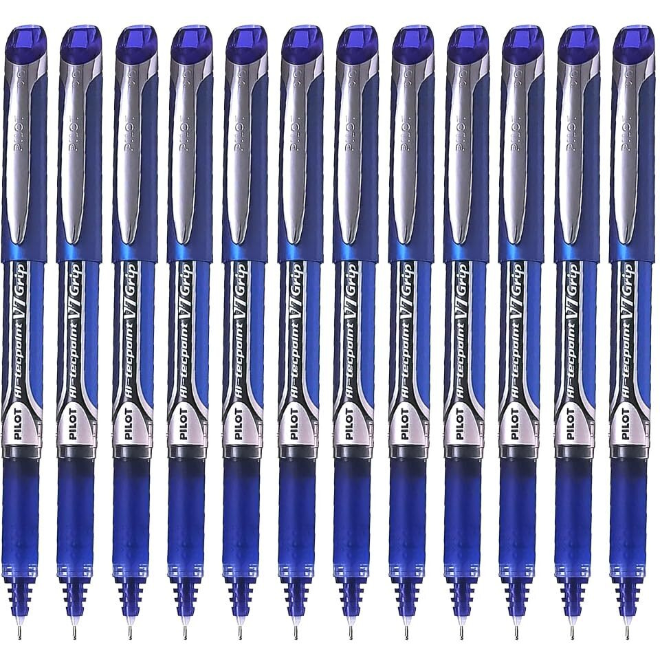 Pilot Hi-Tecpoint V7 Grip 0.7mm Fine Point Pure Liquid Ink Roller Ball Pen with Dimpled Rubber Grip | Blue Ink, Pack Of 12
