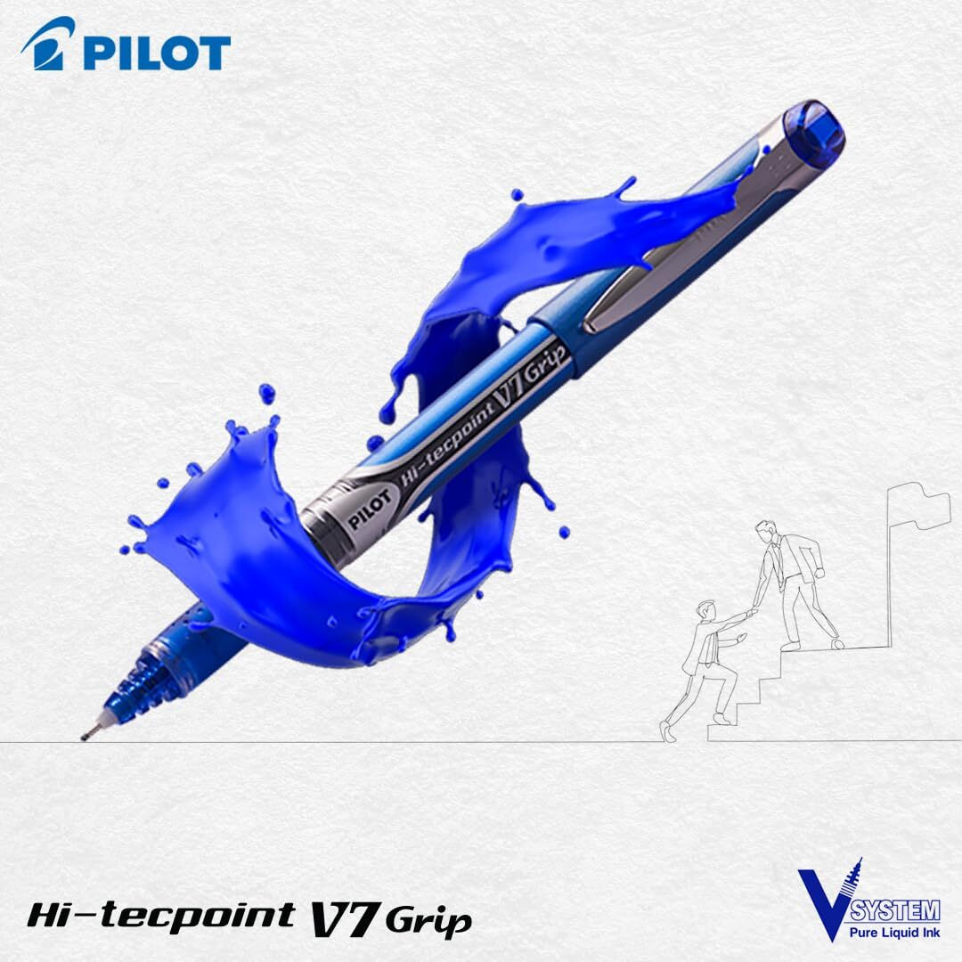 Pilot Hi-Tecpoint V7 Grip 0.7mm Fine Point Pure Liquid Ink Roller Ball Pen with Dimpled Rubber Grip | Blue Ink, Pack Of 12