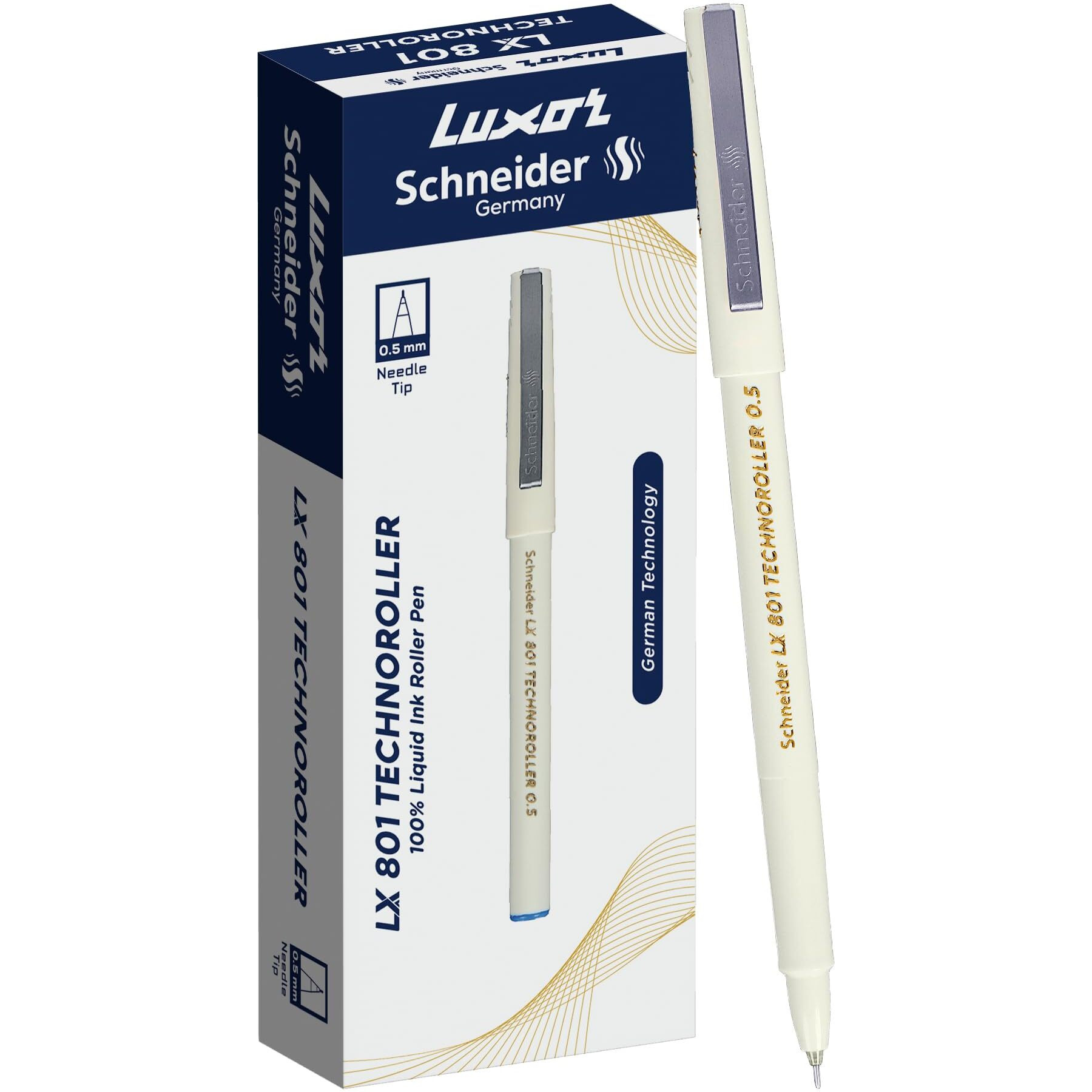 Luxor Schneider LX 801 Technoroller Roller Pen, 0.5 mm Needle Tip, 12 Units Pack, Ink Colour - Blue, 100% Liquid Ink, German Technology