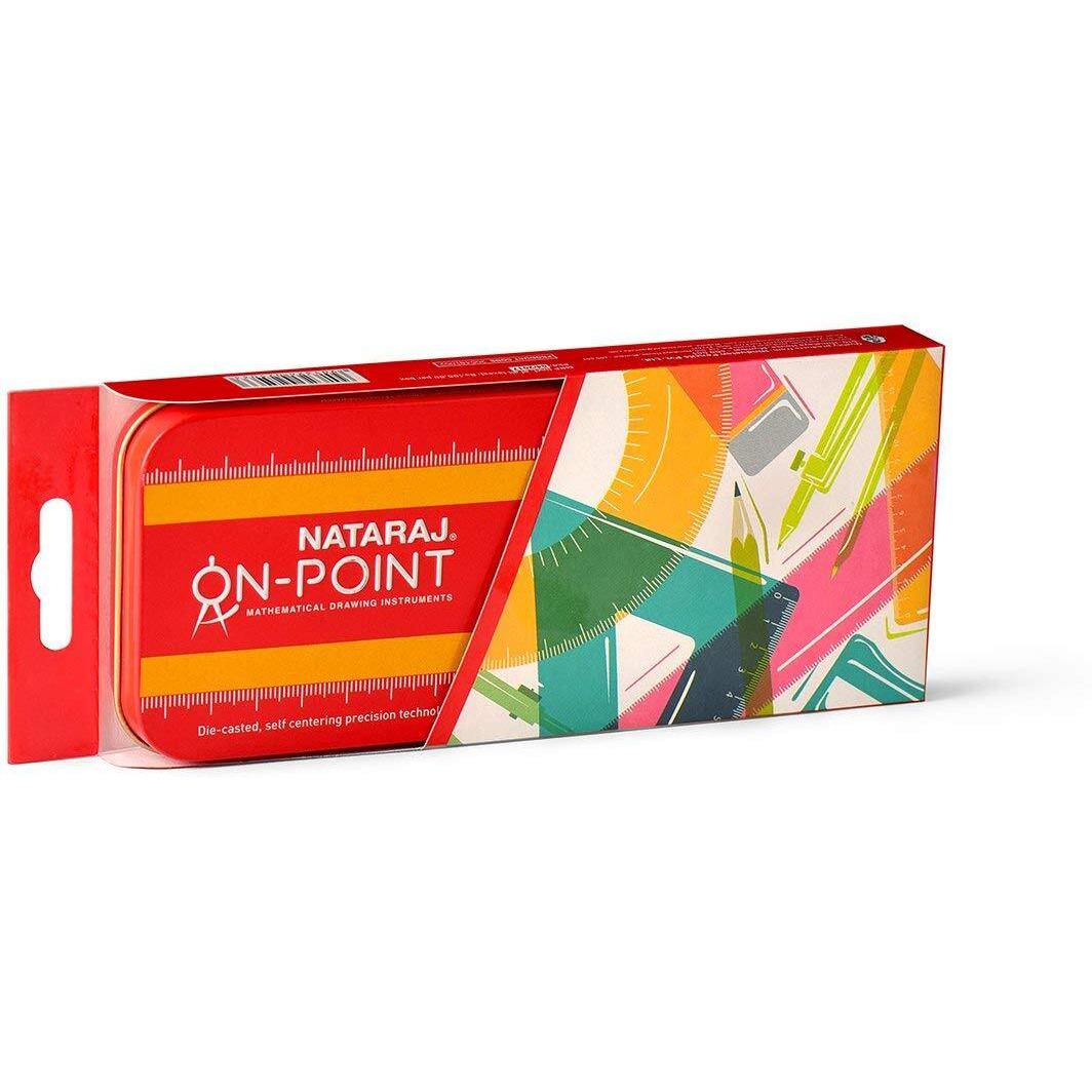 Nataraj On-point Geometry Box, Pencil, Sharpener, Erase, Swing Arm Protractor, Divider, Set Squares, Ruler, Compasses and Protractor, Smooth & Rounded Edge, Child-safe, Set of 9 Instruments