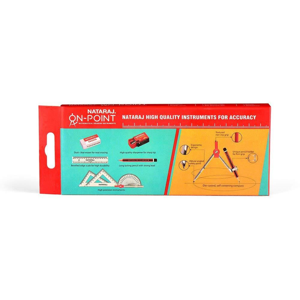 Nataraj On-point Geometry Box, Pencil, Sharpener, Erase, Swing Arm Protractor, Divider, Set Squares, Ruler, Compasses and Protractor, Smooth & Rounded Edge, Child-safe, Set of 9 Instruments