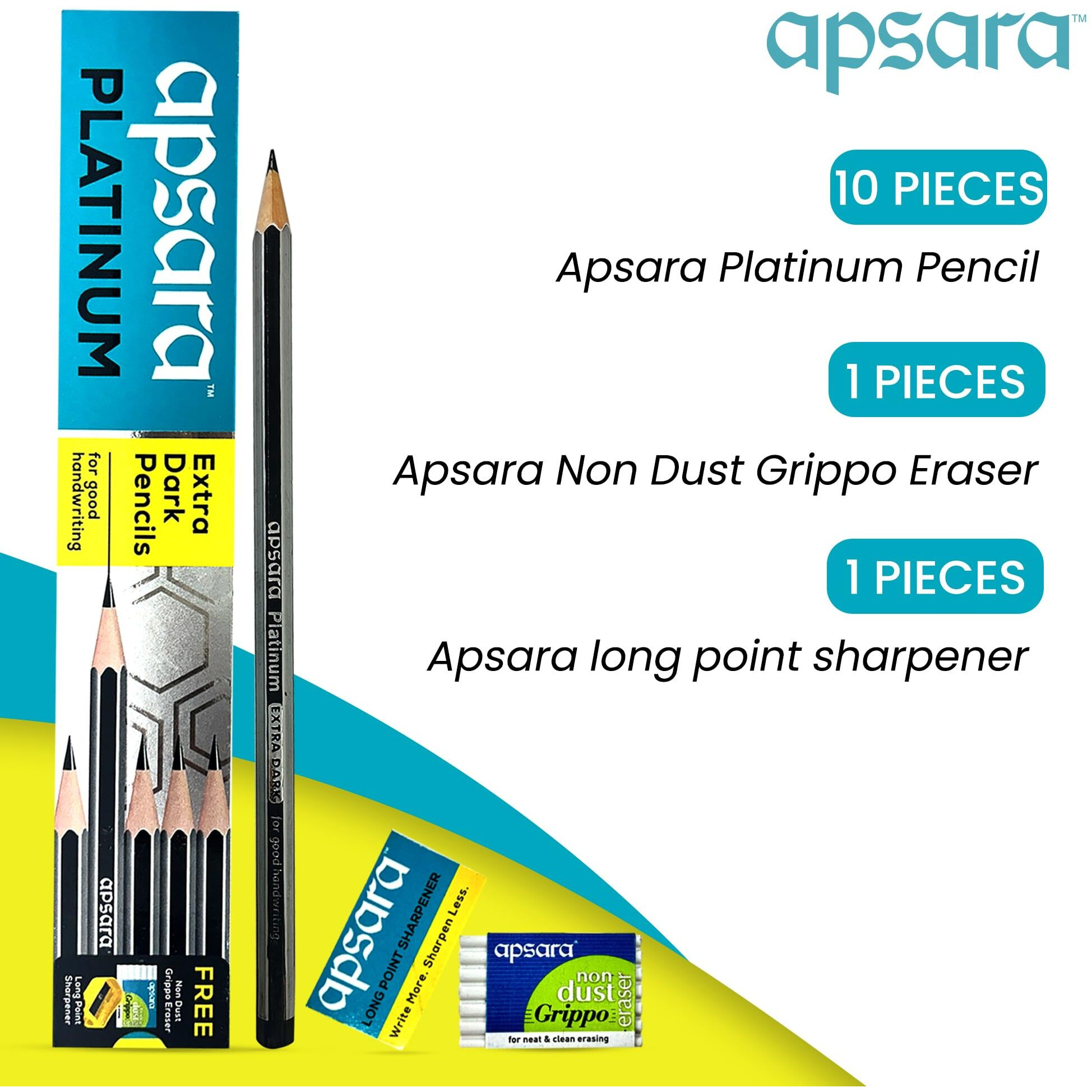Apsara Platinum Pencils | Hexagonal Body for Strong Grip | Extra Dark | Easy Sharpening |Free Sharpener & Eraser | Non-Toxic | Use for School, College students & office person | Pack of 10 pencils