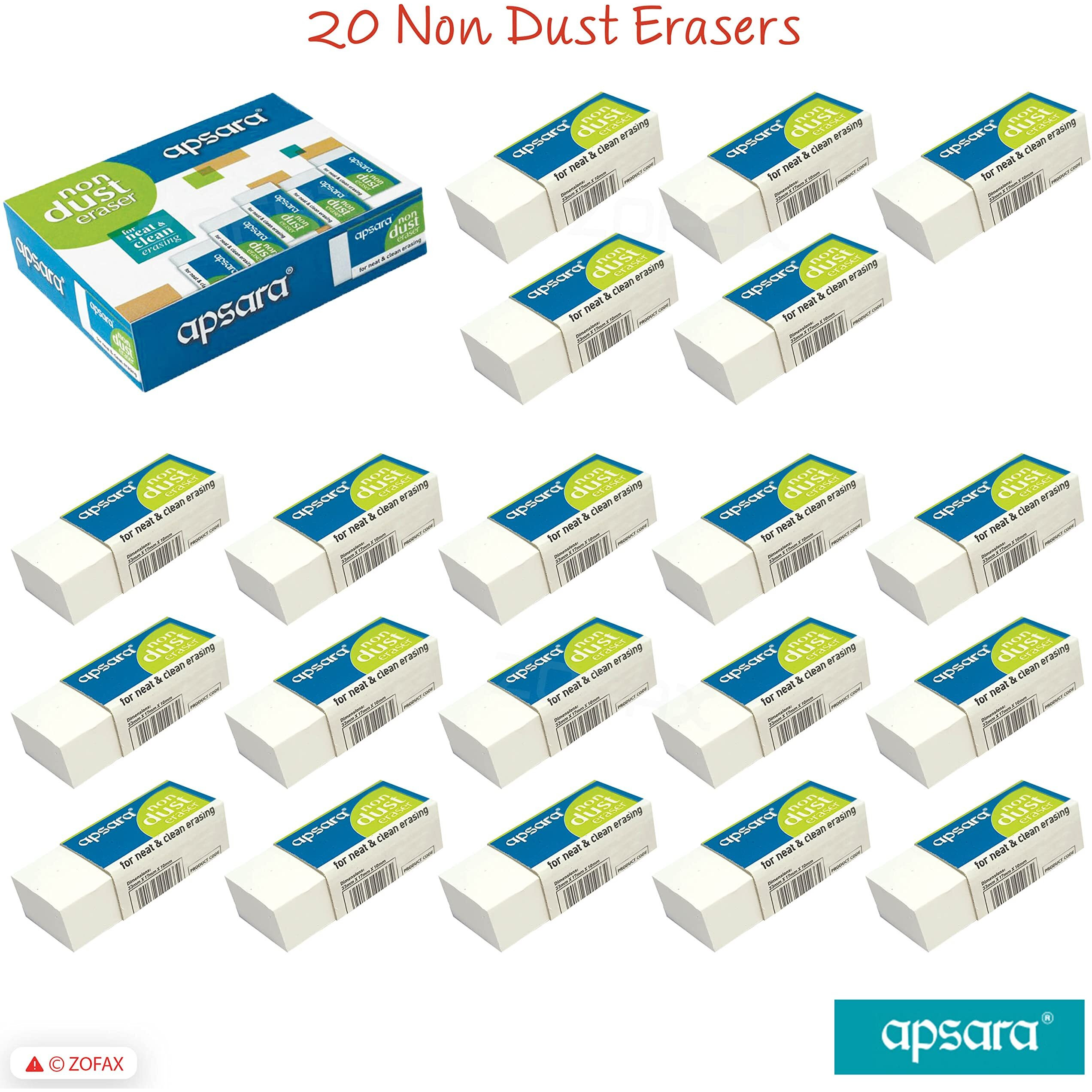 Apsara Non Dust Eraser Regular | Erases Gently | No Paper Damage | Soft & Smooth | Residue sticks to eraser | Use for Students, Artists, Professionals | Pack of 20 Erasers