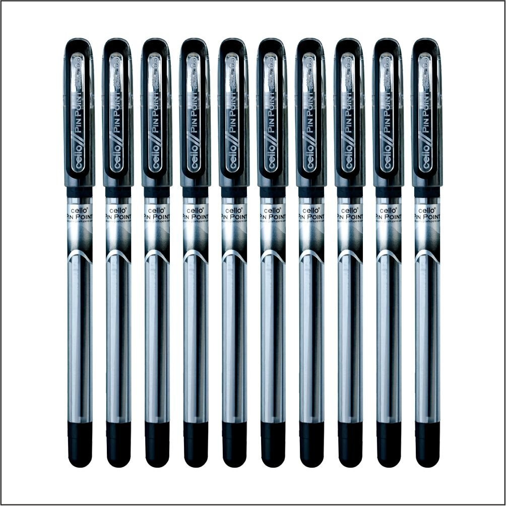 Cello Pinpoint Ball Pen|Pack Of 10|Lubriflow Ink System|Elasto Grip|Lightweight Ball Pen|Pen|Ball Pen|Best Pen For Exam|Black